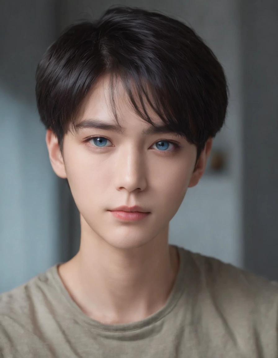 Best picture quality, masterpiece, heavy acrylic, pen touch, head, portrait, short black hair, blue eyes, shirt, male , true, student, school, bad, evil, anime, androgynous, pixiv