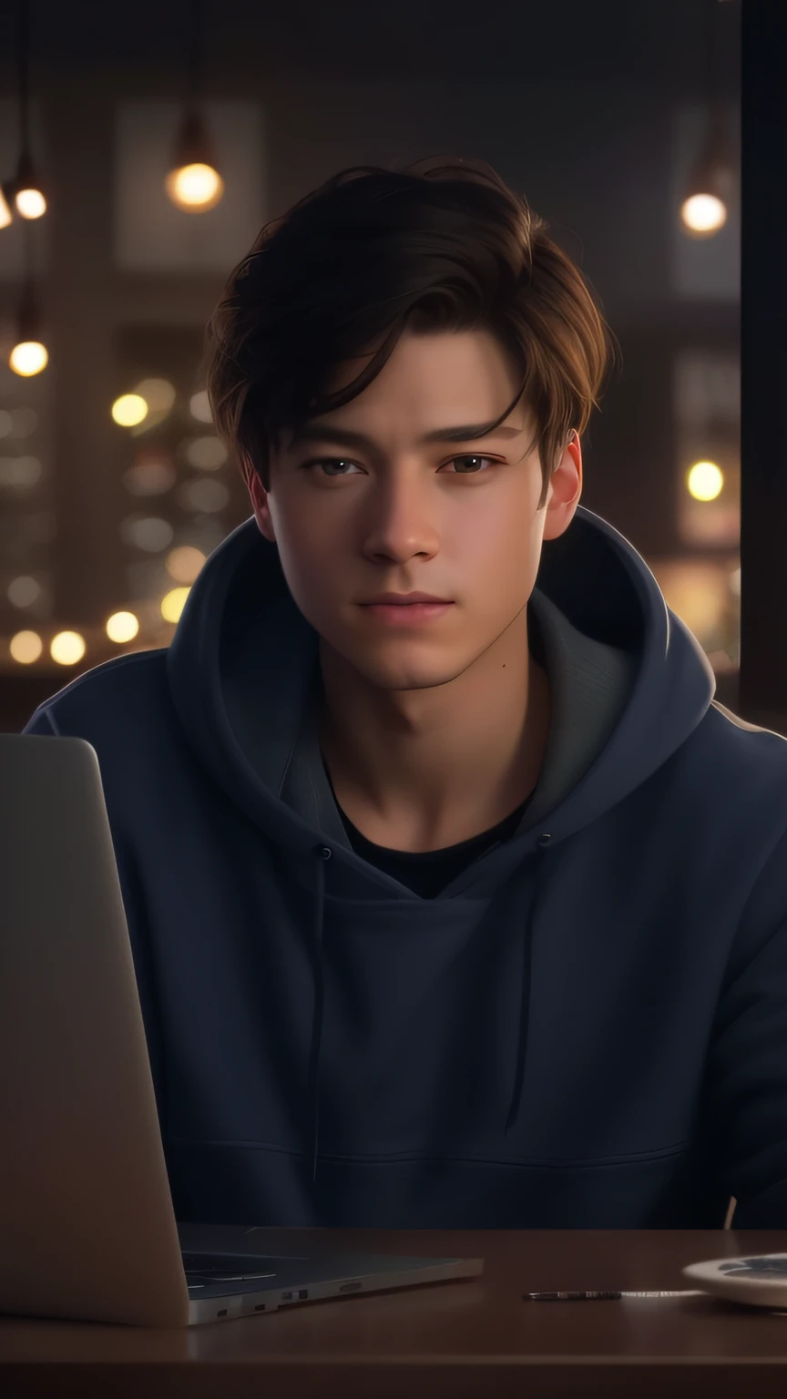 Close up portrait of a person sitting at a table with a laptop, realistic art style, Peter Parker, photorealistic art style, Realistic art style, realism artstyle, background artwork, Realistic style, 4k detailed digital art, Detailed Digital Anime Art, realistic anime 3 d style, realistic anime art style, 8k high quality detailed art, realistic digital art 4 k
