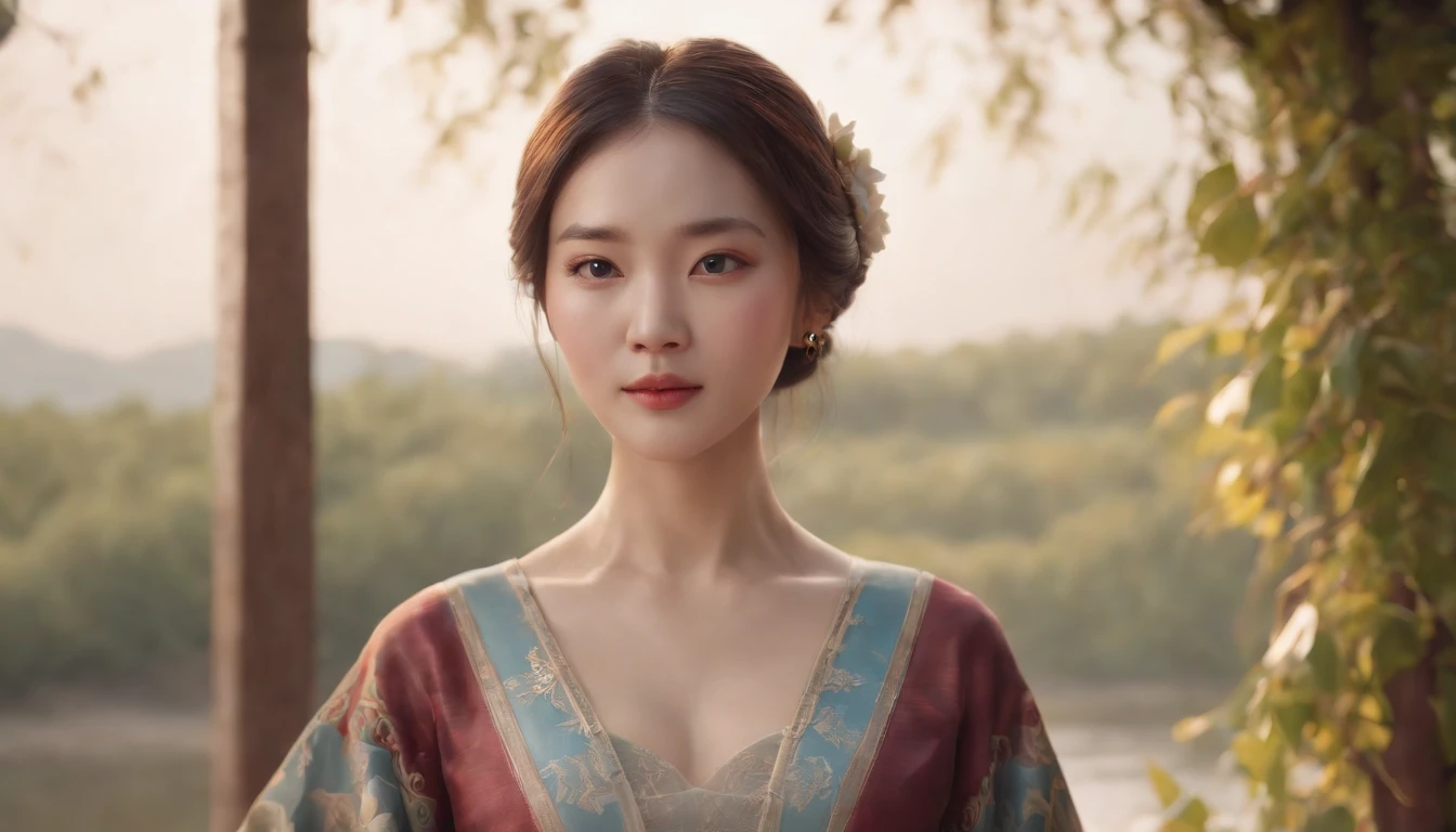 A classical Chinese woman in a dress stands in front of the river, Beautiful character painting,  Fair complexion, A woman around 19 years old, Slender and graceful, Beautiful, , super sharp focus, realistic lens,  Four colors (Scar:1.4),8 k resolution digital painting, 8k resolution digital painting, 8 k realistic digital art, Ross Tran 8 K, matte painting portrait shot, Rendu portrait 8k, Beautiful digital artwork, Digital painting for film, 8K Artgerm bokeh, Amazing 8K character concept art，Reallightandshadow，super-fine，4K，Naturally moving，Realistic，超高分辨率