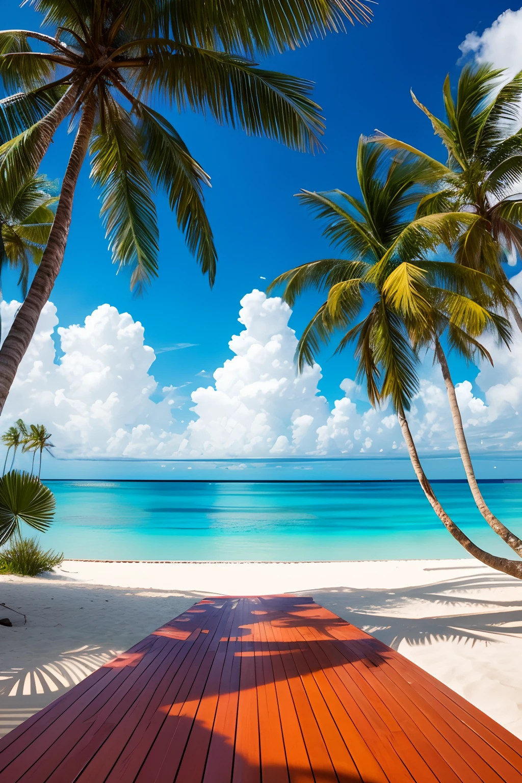 colorful wooden floor in front of a tropical beach. The floor is made of wood and has a variety of colors, including red, green, blue, and yellow. The floor is surrounded by palm trees, which add a touch of tropical elegance to the scene. The overall impression of the image is one of beauty and tranquility. The colorful floor is a cheerful sight against the backdrop of the blue ocean and white sand beach. The palm trees add a touch of tropical atmosphere