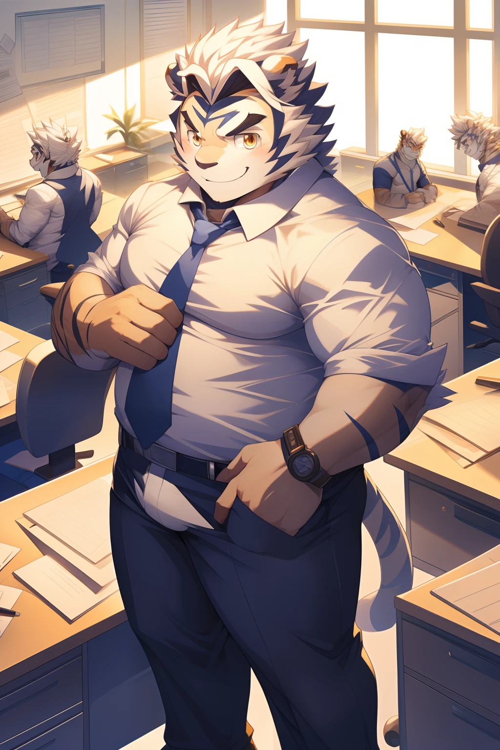 tmasterpiece，anthropomorphic tiger，male people，26 year old，Thick eyebrows，White hairs，Strong body，large pecs，Bare topless，Skinny suit pants，medium bulge，At the desk，In the office，perspired，ssmile，looking toward the viewer，Golden pupils，Strong，Solo，frontage，Full body photo