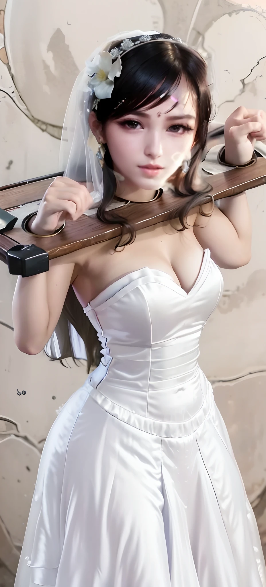 Close-up of a beautiful bride wearing a beautiful wedding dress, Gurwitz,(Pillory:1.5), (flail:1.2), flail on the head, flail on the hands,(bridal veil: 1.5), (transparent short veil: 1.5), flushed face, head flower, tiara, Very detailed princess wedding dress,(tube wedding dress: 1.5), (silk dress: 1.2 ), (strapless wedding dress: 1.5), (floor length skirt:1.2), pure white dress,white long skirt, necklace, earrings, (huge breasts: 1.3), deep V heart-neck wedding dress, bangs, lipstick, (lace gloves: 1.3), high detail RAW Color art,