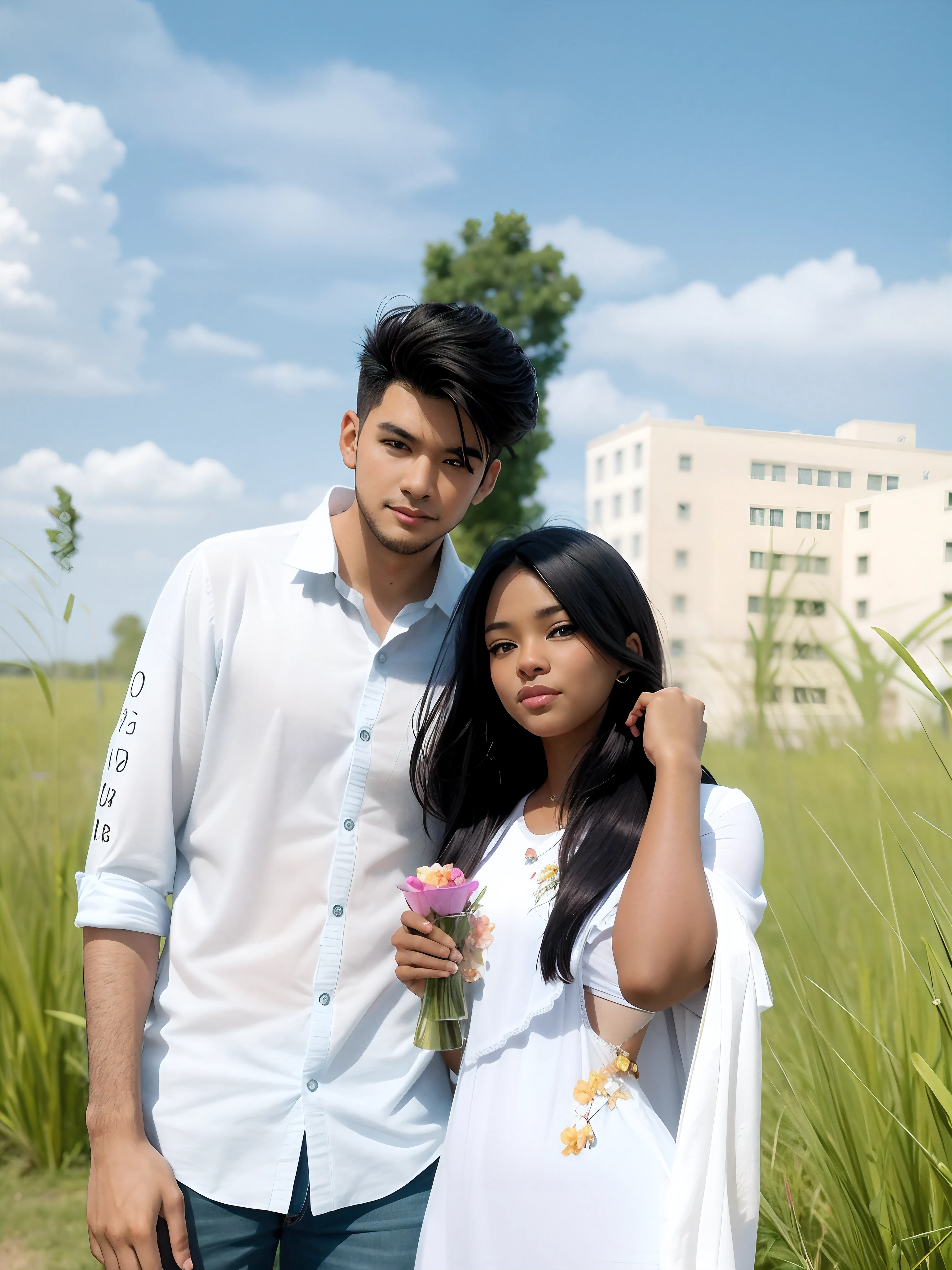 they are standing in a field with tall grass and tall buildings, couple pose, lovely couple, shot on canon eos r5, shot on canon eos r 5, mid shot portrait, photoshoot, modeling photography, high quality portrait, shot on nikon z9, closeup portrait shot, romantic couple, portrait shot 8 k, attractive girl, taken with sony alpha 9