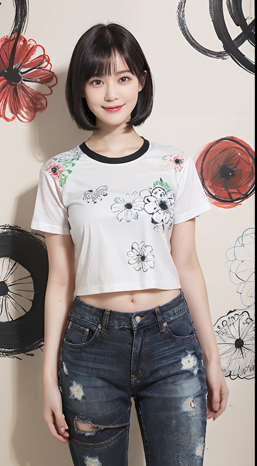 (Black Shorthair:1.2), (a 20 yo woman), (A hyper-realistic), (Masterpiece), (8KUHD), Smiling, Slender waist, Wearing jeans, ((Floral Clothing - T-Shirts)), large full breasts, Wearing long pants, abstract painting, (doodle:1.46)