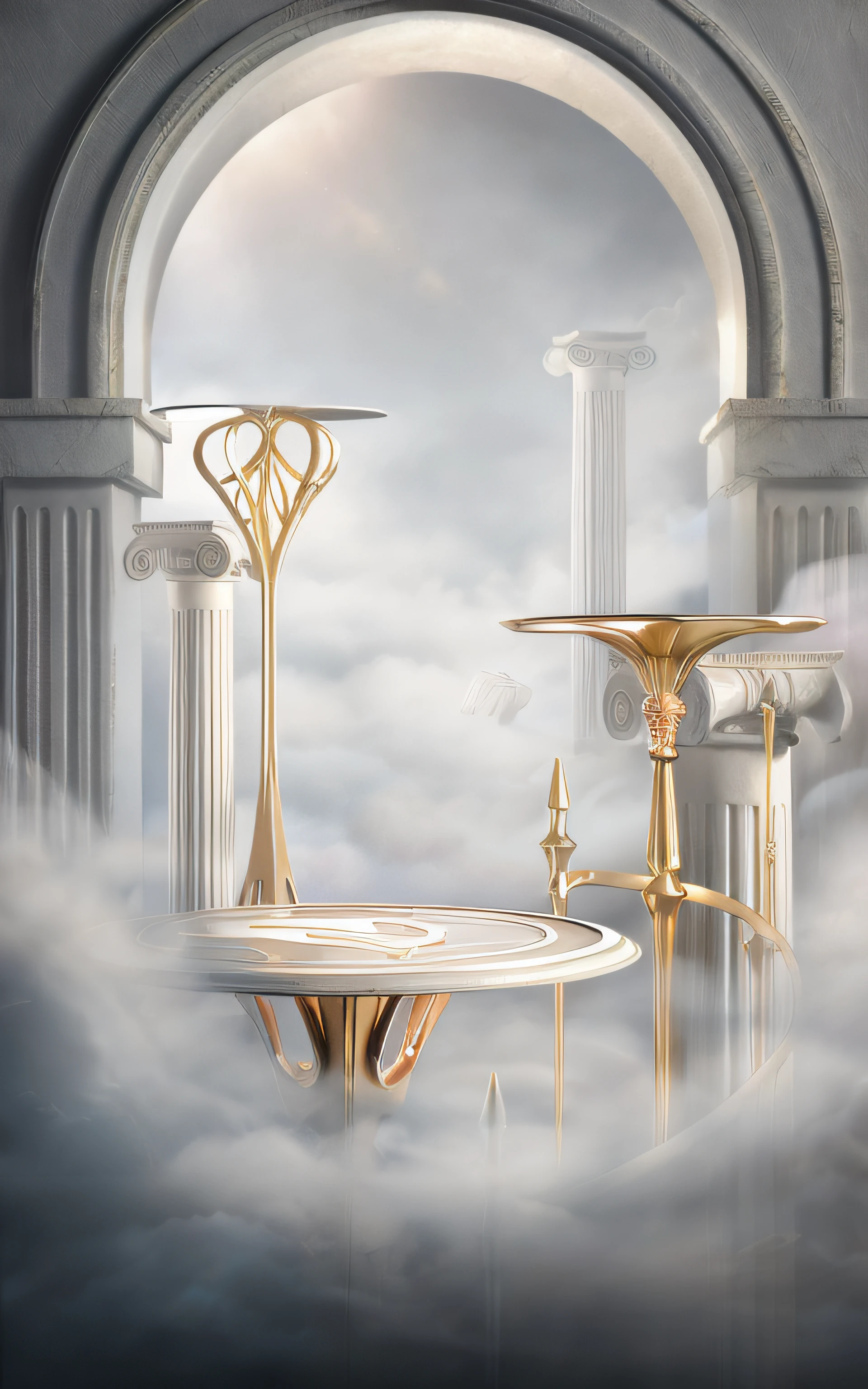There is a table，There is a candle and a candlestick in the middle, lying a throne in a fantasy land, stuning fantasy 3 d render, baroque marble and gold in space, stunning arcanum backdrop, fantasia 3 d render, surreal 3 d render, surreal scene, voluminetric lighting. fantasy, palace floating in heaven, marble columns in background