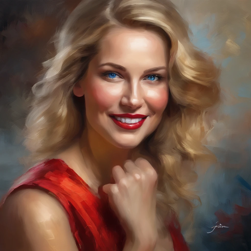 classic oil painting of a woman in a red cocktail dress, long blond hair, smiling blue eyes, eyes looking at us, medium shot, elegant digital painting, beautiful oil portrait painting, wlop painting style, brush strokes in textured paint, gorgeous oil painting, in style of Junyi Liu, beautiful character painting, dark background, expert lighting, fine art portrait painting, epic background, beautiful art uhd 4 k