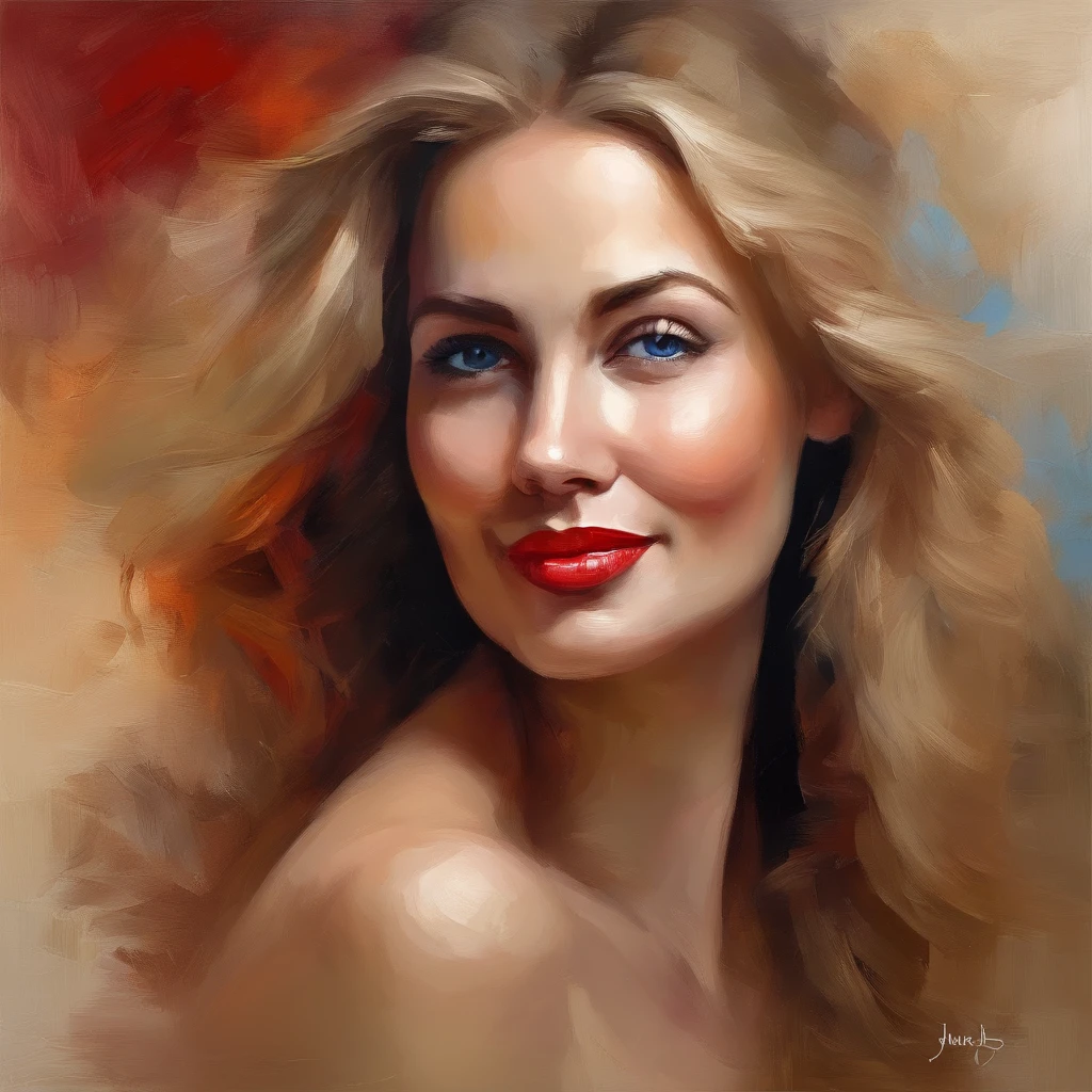 classic oil painting of a beautiful woman in a red cocktail dress, long blond hair, blue eyes, eyes looking at us, medium shot, elegant digital painting, beautiful oil portrait painting, wlop painting style, brush strokes in textured paint, gorgeous oil painting, in style of Junyi Liu, beautiful character painting, dark background, expert lighting, fine art portrait painting, epic background, beautiful art uhd 4 k