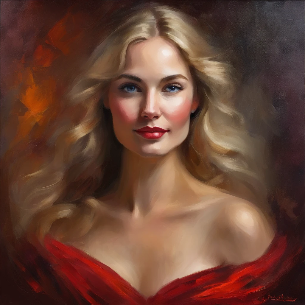 classic oil painting of a beautiful woman in a red cocktail dress, long blond hair, blue eyes, eyes looking at us, medium shot, elegant digital painting, beautiful oil portrait painting, wlop painting style, brush strokes in textured paint, gorgeous oil painting, in style of Junyi Liu, beautiful character painting, dark background, expert lighting, fine art portrait painting, epic background, beautiful art uhd 4 k