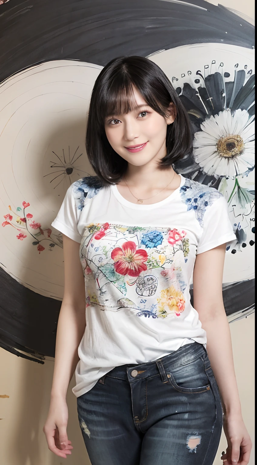 (Black Shorthair:1.2),  (a 20 yo woman), (A hyper-realistic), (Masterpiece), (8KUHD), Smiling, Slender waist, Wearing jeans, ((Floral Clothing - T-Shirts)), large full breasts, Wearing long pants, abstract painting, (doodle:1.46)