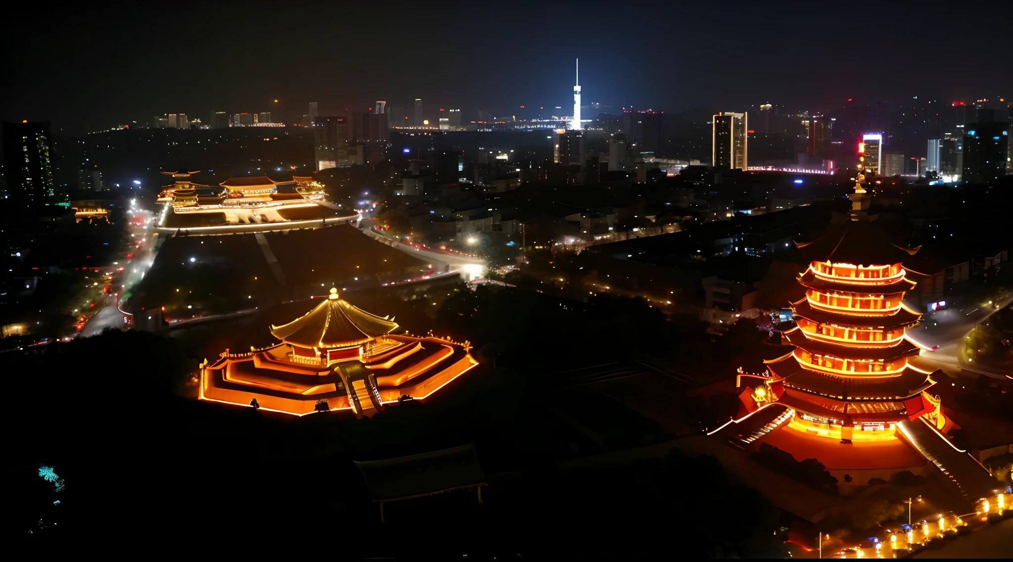 City night view with pagoda and city skyline, shenzhen, view from high, Night view, shaxi, night shot, View from above, wide wide shot, ; Wide shot, scenic view at night,Comic thick paint