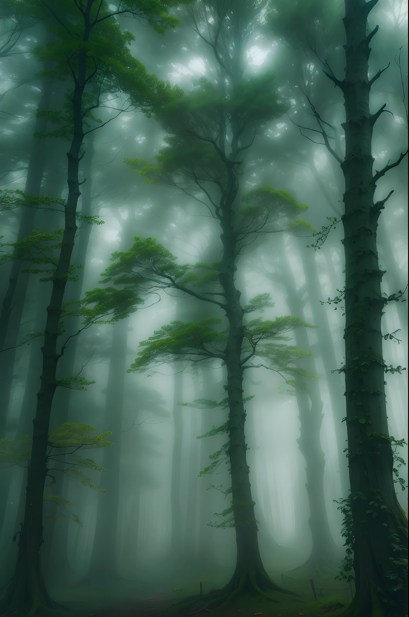 Foggy Tree、foggy forest、mystical forest、dark forest、Huge forest of fog、Strong, mysterious and scary forest、ominous and eerie forest、beautiful misty wood。