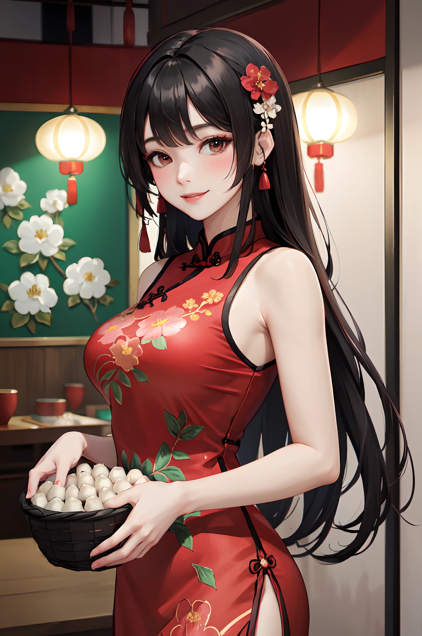 1lady solo, /(red cheongsam with floral embroidery/), mature female, /(black hair/) bangs, blush kind smile, (masterpiece best quality:1.2) delicate illustration ultra-detailed, large breasts BREAK /(chinese restaurant indoors/) /(dim sum/)