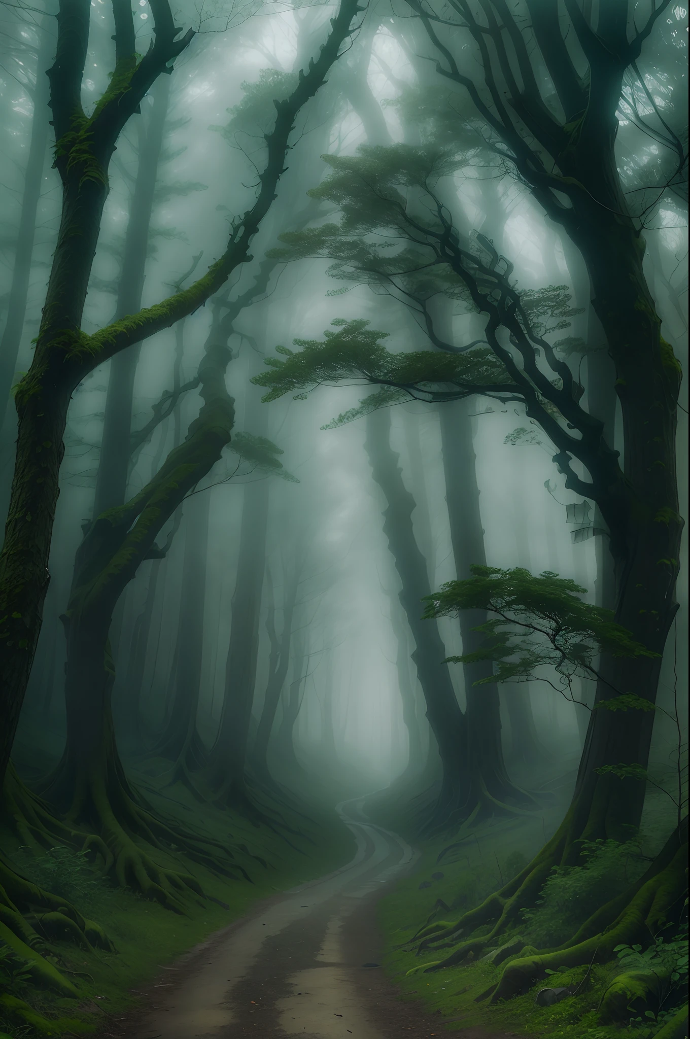 Foggy Tree、foggy forest、mystical forest、dark forest、Huge forest of fog、Strong, mysterious and scary forest、ominous and eerie forest、beautiful misty wood。