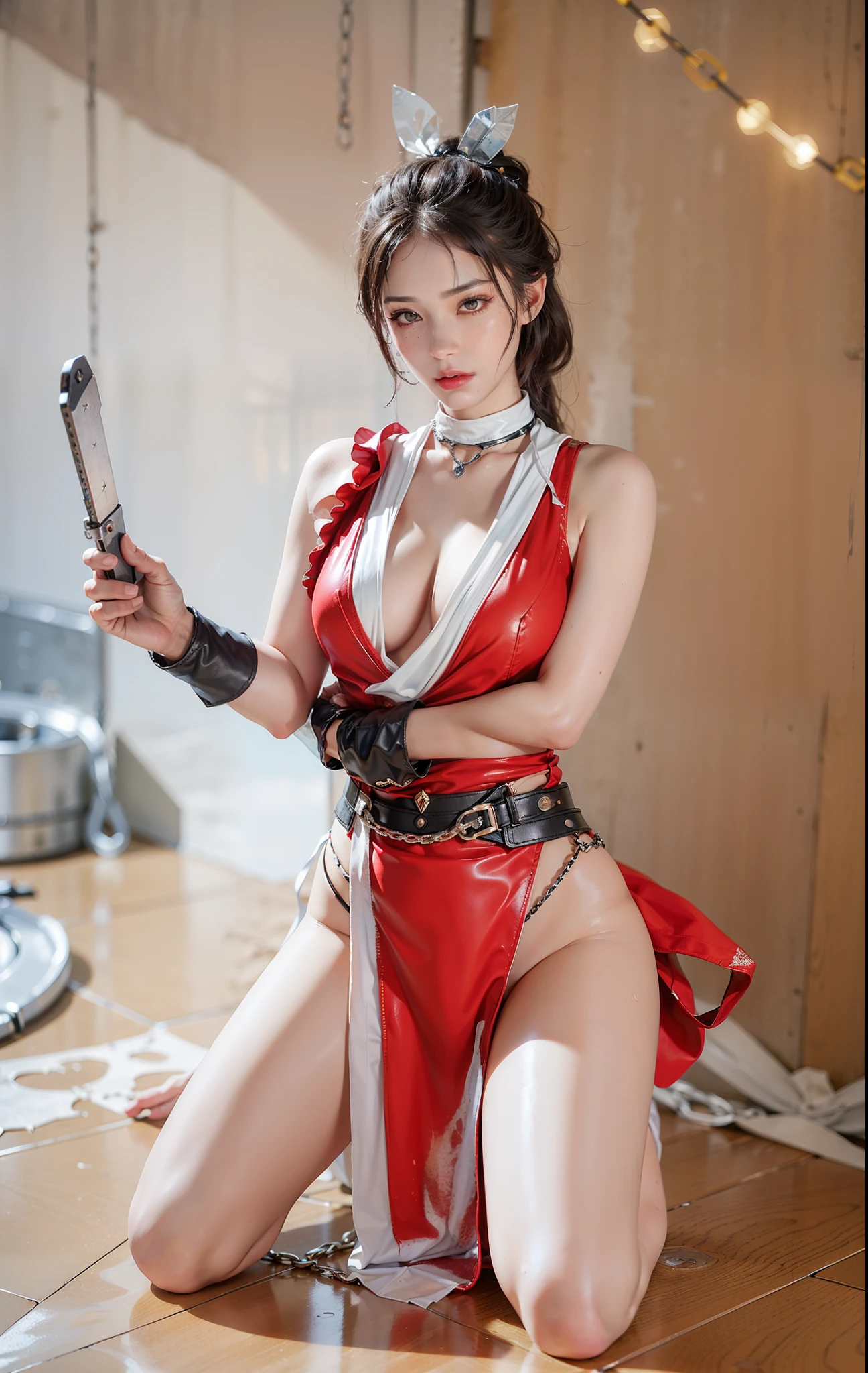 ,((Wearing a torn sheer costume of a superheroine)),(, No bra)), Wet crotch, Wet thighs, Beautiful girl with accentuated slender abs: 1.4, (((nipple tips protruding, areola is protruding, The shape of the pubic region is clearly visible)), sixpack abs: 1.4, Bust Botox, Photo, Sharpness, Unique 850 4, Koda850 k portrait camera, F1.6 shots, Ultra-realistic textures, Spectacular light textures, Cinestil 800 Fashion Mechanics, (futuristic sci-fi battle fashion: 1.1), (tied perfectly by chain), Restraint, Slaves, collars, ((wide prison with sunlight)), Dark fantasy, Realistic material details, extreme hight detail, Ultra-realistic materials ((Torn costume))), Wet, Cloudy, (Chained)), ((big emphasized by chains)), ((chains digging into crotch)), ( (Collar)), (, No bra), shredded costumes, broken golden shields and battle spears,, White combat gloves, Combat shoulder armor, Blood splattered on the face, Blood splattered, Realistic, (Bruises, Dirty, ripped clothing, skimpy clothing, Blood: 1.3), Torn Cape, Torn pantyhose, Long legs, ((iron pipe in the crotch)), Metallic shackles and fetters, ((chains hung from heaven)), Wet crotch is clearly visible, Swarovski's sword and the anatomy beneath his feet, (futuristic sci-fi battle fashion, Torn mesh stockings),