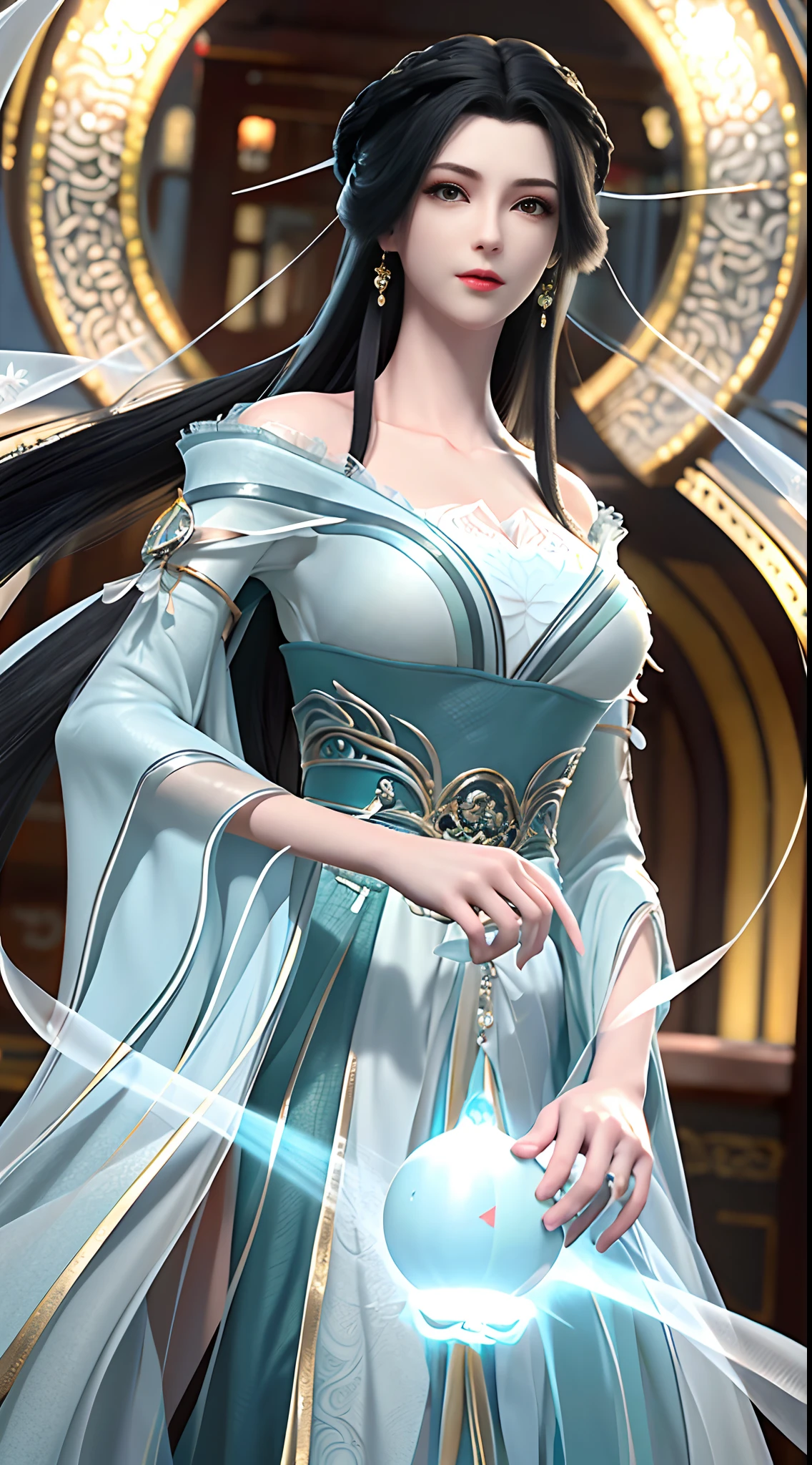 1 woman(Nice face、Beautiful big eyes、detail in face)、Full body standing painting、独奏,face to the viewer,Gorgeous dress(blue colors),Hanfu,Quaint,silkouette,Soft yarn,Accessories,Game character costume design,high detal,cinematic colorgrade,White transparent background,A high resolution,Sharp focus,tmasterpiece,hdr,8K,(The is very detailed的 CG unified 8k 壁纸)