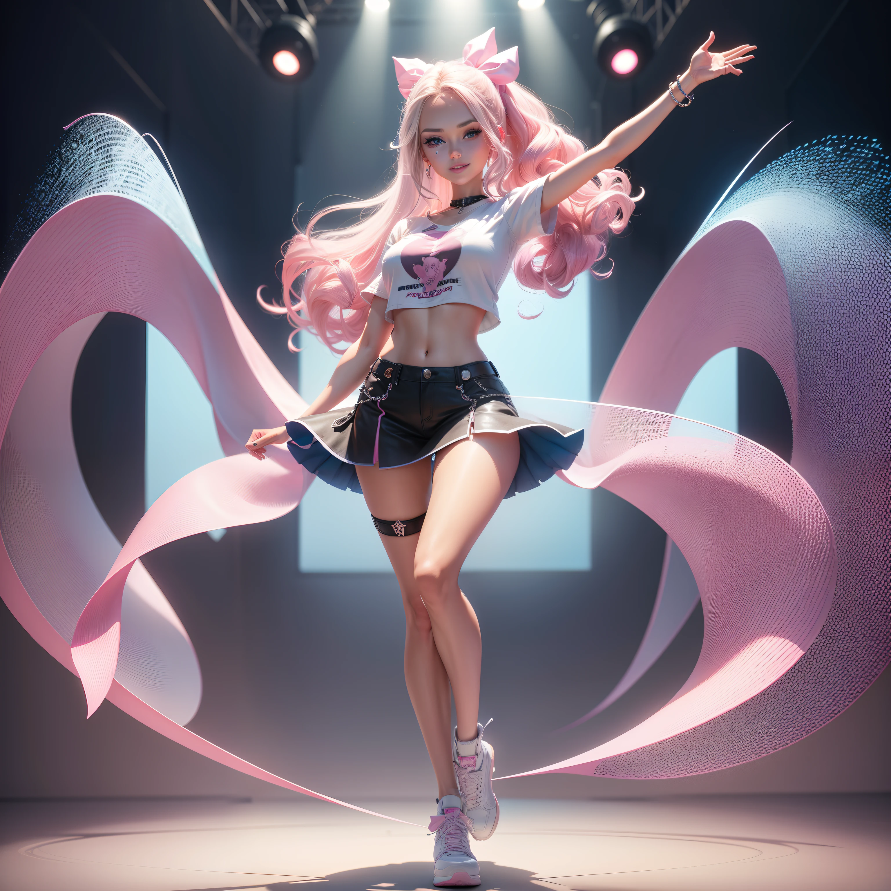 One Barbie, ((Full body)),8th class, Blue eyes, Smiling face, Hair loss swaying in the wind, Hip Hop Singer Pose, Dressed in hip-hop style, Wear a white T-shirt,swarovski,pasties,With a pink bow on the arm, Fashion, Extremely high quality, high details, 8K, clean back ground, in studio, ((Full body shot)),Align your fingers neatly,Accurate Hand Modeling,wave her hand,
