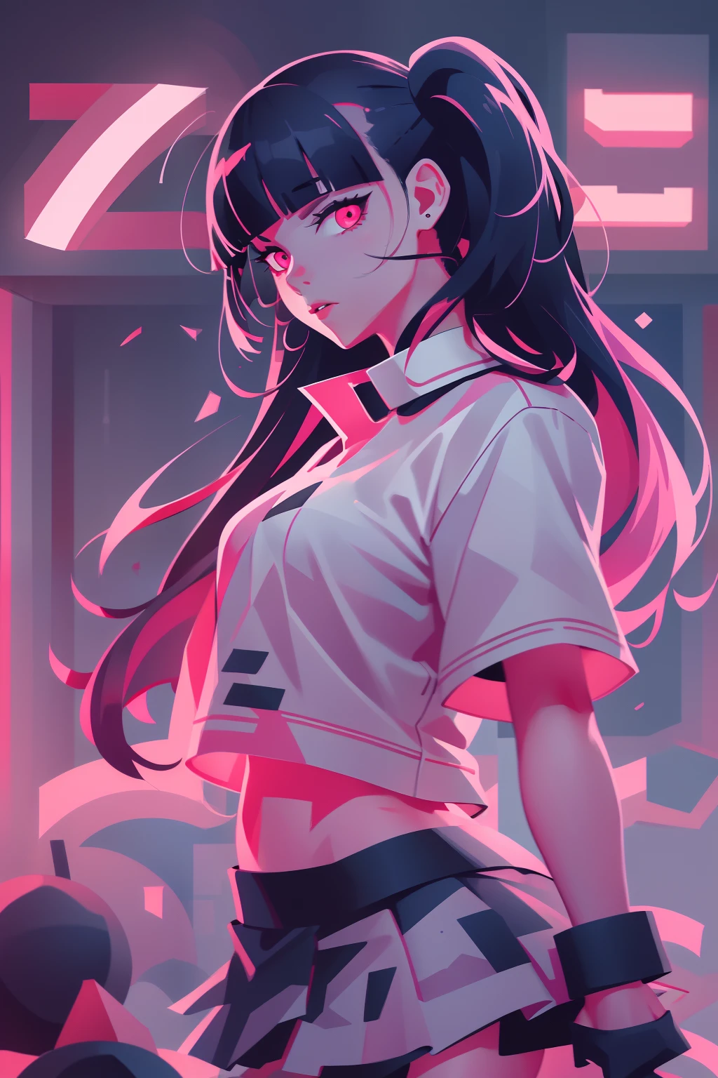 2 phut hon dance of tiktok, Blunt bangs, zombie girl, close up shot of hip, high-quality, full body shot, wearing sneaker, wearing pink short skirt, Double hair buns, Close set eyes, black hair, neon light, back shot, looking back, looking at the camera, low angle, Decisive pose
