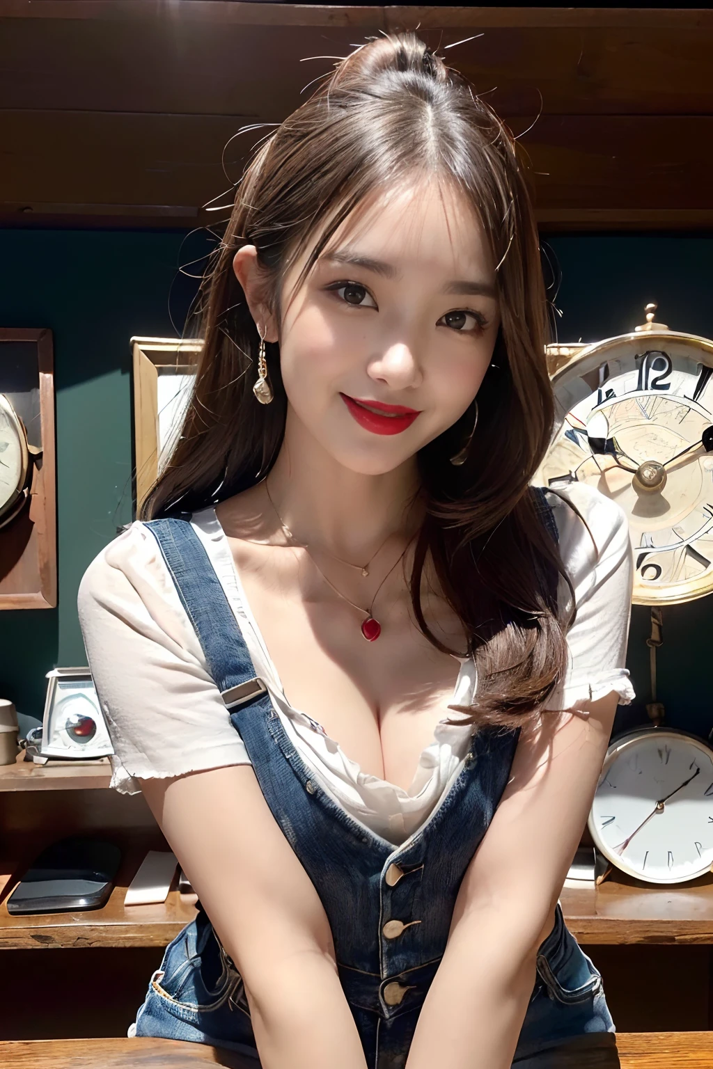 Sunlight,(Spotlight and align lots of old clocks in the background:1.3)(Placing old clocks side by side on a low desk:1.3),(Girl selling large quantities of old watches at flea market in park:1.3),(White shirt emphasizing torn chest:1.3),(Torn and tattered damaged jeans:1.3),large full breasts,piercings,a necklace,(Shiny silver and orange two-tone ponytail hair,),(big eye,Pointed lips,red lipsticks,Cute round face,A joyful smile that makes the viewer happy,red blush,),(The 8k quality,masutepiece,top-quality,Ultra-high resolution output image,),intricate detailes,(Highly detailed raw photos:1.3),(Image Mode Ultra HD),(Sea Art 2.0 Mode),crouching down,