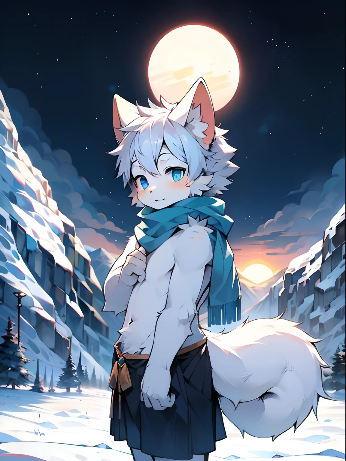 Break,Master masterpieces,A high resolution,8K,detailedbackground,high qulity,Break,Break,(White fur,Blue sclera,blue color eyes,Fluffy fur,Detailed fur)) hairy pubic, Broken, mascular,( Libido boy,Shota) human - shaped,fig leaf,loincloth,Blue scarf,Background with(snow mountains,the setting sun),独奏,Arctic Fox Boy,shoun