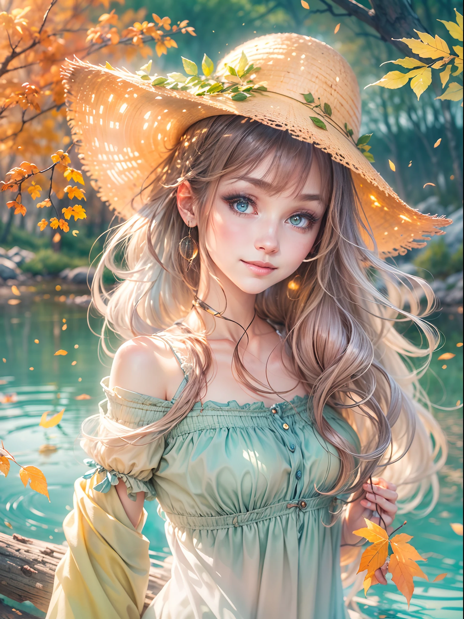 ((tmasterpiece:1.4, best qualtiy))+, (ultra - detailed)+,(watercolor paiting:1.2),Cute 1girl,Straw hat,blossoms,Light cyan hair,Very long hair,Aqua blue eyes,flatchest,Keep your mouth shut,Smiling,(a blue dress:1.3),Shoulders exposed,Bow knot,Side angle,Autumn landscape,The leaves are yellow,maple trees,eventide,riverbank,lake reflection,The sky is full of color,Orange-red sunset,The afterglow diverges,Big Mountain,Far Mountain,contours,Scenic beauty, (Bright colors,Warm light source:1.2), (the woods,Bare branches:1.2)(Very detailed CG unification,8k wallpaper),(The best picture quality),(illustratio:1.0)、intricately details, Epic composition、Realistic lighting、high definition detail、((tmasterpiece))、(Beautiful wildlife and natural wonders,With glowing lights)