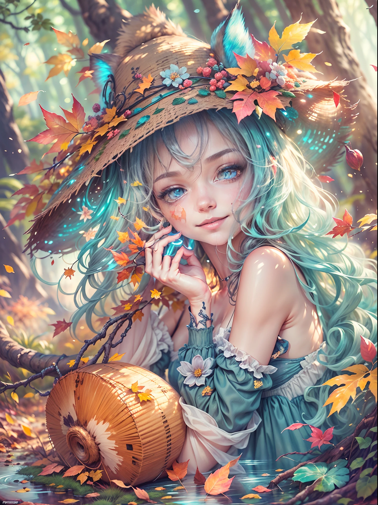 ((tmasterpiece:1.4, best qualtiy))+, (ultra - detailed)+,(watercolor paiting:1.2),Cute 1girl，Straw hat，blossoms，Light cyan hair，Very long hair，Aqua blue eyes，flatchest，Keep your mouth shut，Smiling,(a blue dress:1.3),Shoulders exposed，Bow knot，Side angle,Autumn landscape，The leaves are yellow，maple trees，eventide，riverbank，lake reflection，The sky is full of color，Orange-red sunset，The afterglow diverges，Big Mountain，Far Mountain，contours，Scenic beauty， (Bright colors，Warm light source:1.2), (the woods，Bare branches:1.2)（Very detailed CG unification，8k wallpaper），（The best picture quality），(illustratio：1.0）、intricately details, Epic composition、Realistic lighting、high definition detail、((tmasterpiece))、(Beautiful wildlife and natural wonders，With glowing lights)