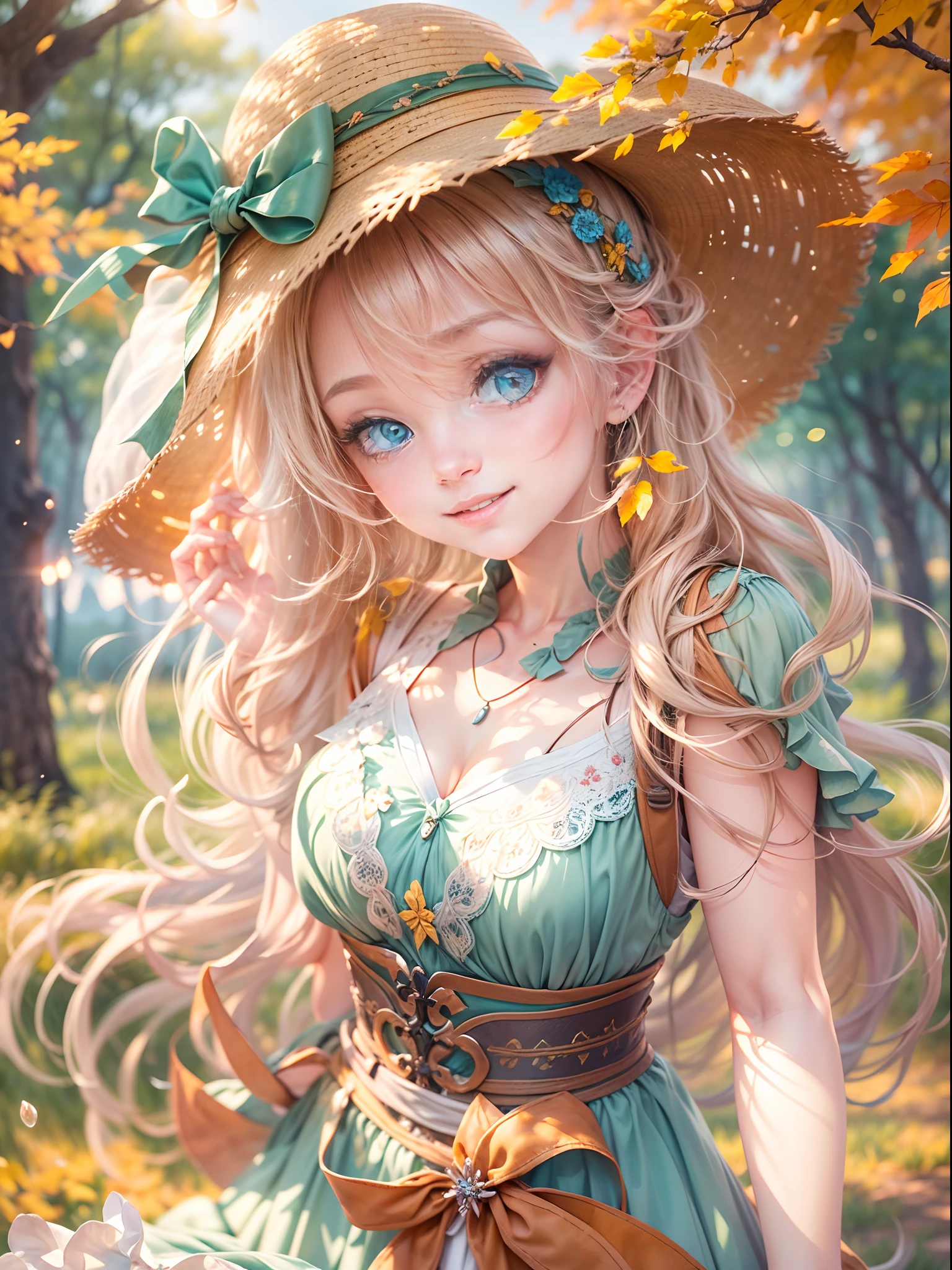 ((tmasterpiece:1.4, best qualtiy))+, (ultra - detailed)+,(watercolor paiting:1.2),Cute 1girl，Straw hat，blossoms，Light cyan hair，Very long hair，Aqua blue eyes，flatchest，Keep your mouth shut，Smiling,(a blue dress:1.3),Shoulders exposed，Bow knot，Side angle,Autumn landscape，The leaves are yellow，maple trees，eventide，riverbank，lake reflection，The sky is full of color，Orange-red sunset，The afterglow diverges，Big Mountain，Far Mountain，contours，Scenic beauty， (Warm light source:1.2), (the woods，Bare branches:1.2)（Very detailed CG unification，8k wallpaper），（The best picture quality），(illustratio：1.0）、intricately details, Epic composition、Realistic lighting、high definition detail、((tmasterpiece))、(Beautiful wildlife and natural wonders，With glowing lights)