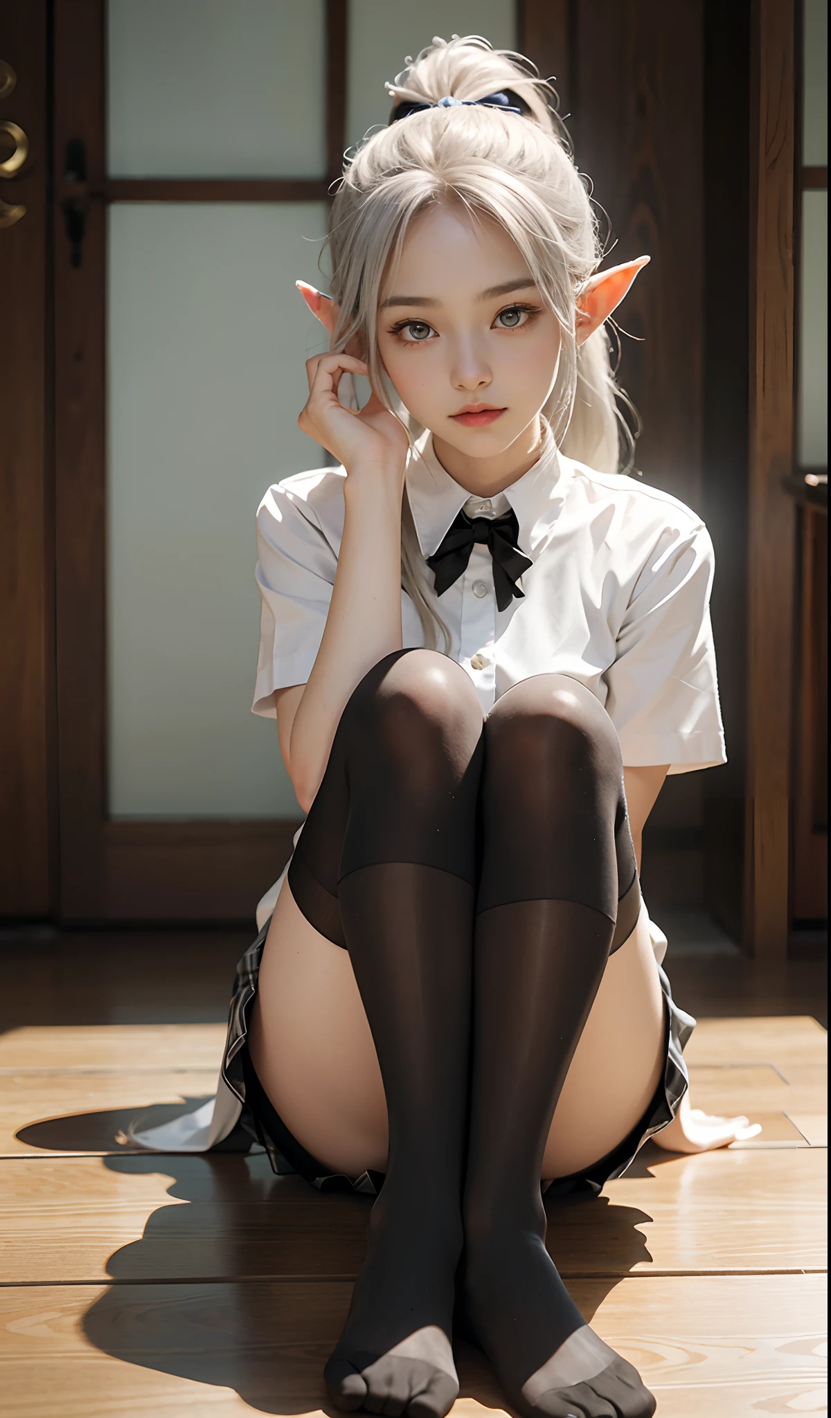 (Extremely normal body:2.0)Japanese-style town:1 Elf beauty,JK school uniform,(Elf long ears),Short silver-white hair,Half-tied ponytail。Uniform for female high school students),Short plaid skirt,Stretch your feet,Black short stockings,Black socks, Black socks,Translucent black socks,Jade foot,two longer legs,soles of feet,Normal feet , very detailed eyes and faces, Sharp pupils, realistic pupil, tack sharp focus, cinmatic lighting,full bodyesbian,Bigboobs,long leges,From the front side,dynamicposes,Normal posture,closeup of face