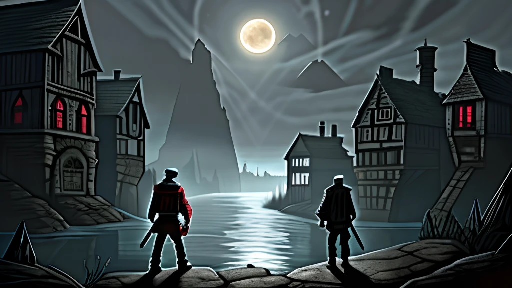 The image depicts a small, quiet town nestled beside a dark, foreboding lake. The waters are tinged a deep, eerie crimson, reflecting the muted light of a blood-red moon. The town is shrouded in an eerie mist, with ancient, weathered buildings lining the water's edge. In the foreground, a group of four individuals stands at the lakeside, their expressions a mix of determination and trepidation. One of them holds an old, leather-bound journal, while another clutches a weathered map, both items hinting at the secrets they seek to uncover. The air is thick with an unsettling silence, and a sense of foreboding hangs in the atmosphere.