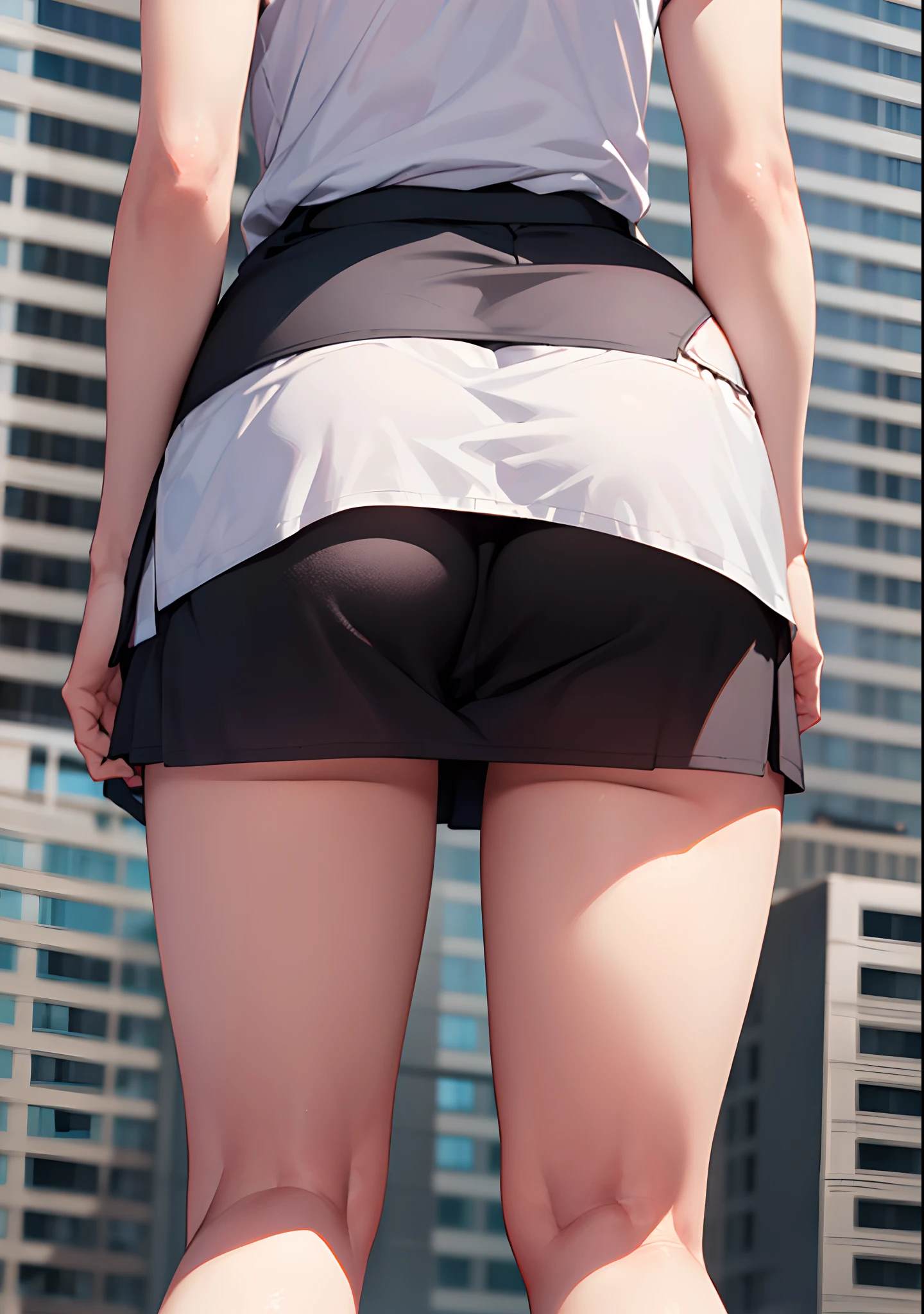 Solo,(masutepiece:1.2), Best Quality, Real Thinking,hight resolution, knee high socks,nose blush,deep skin, Miniskirt,SFW, ;P ,(Fair thighs:1.3), ,from the rear,Take off your pants,High-rise apartment background, close-up,Butt close-up,Lower body main,bare torso,Five Fingers,Panty Line