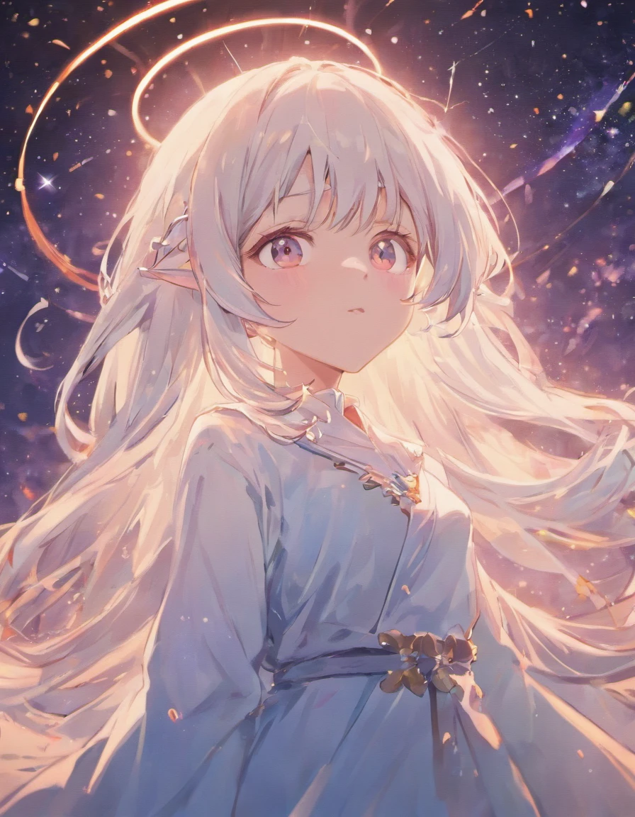 Anime girl with long white hair and stars in her hair, white-haired god, anime girl with cosmic hair, Star(sky) Starry_sky, anime visual of a cute girl, Splash art anime , white glowing aura, Girl with white hair, ethereal anime, akasuki voidstar, celestial aura, nightcore, anime moe art style