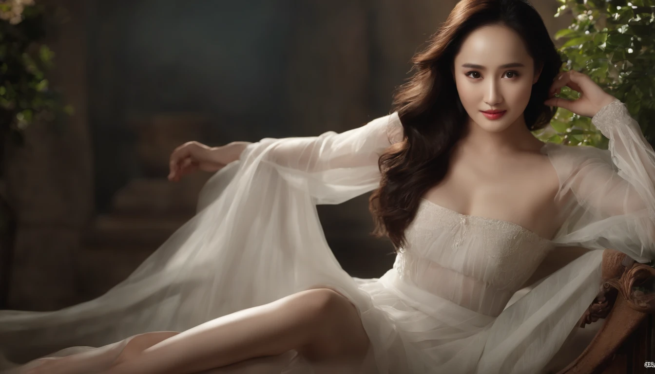 （Star Yang Mi），One in a gauze dress, Translucent body curves，Beautiful character painting, （medium chest circumference，cleavage），Fair complexion, ,Slender and graceful, beautifullegs, super sharp focus, realistic lens,  matte painting portrait shot, Rendu portrait 8k, Beautiful digital artwork, Digital painting for film,，Naturally moving，Realistic，超高分辨率