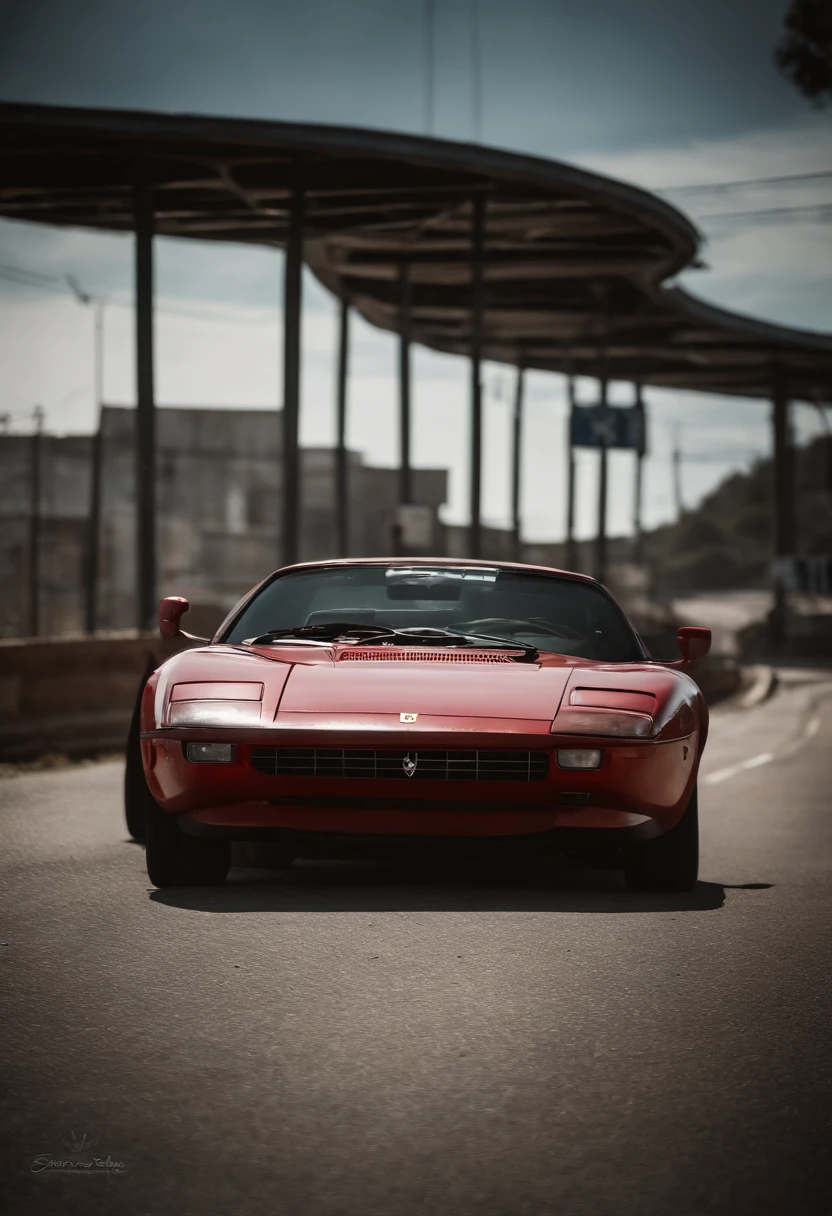 Um carro ferrarif8 vermelho esportivo na cidade estilo mad max ::n_desenho,Imperfection,baixa qualidade,jogo, anime, mulher, tirar texto e assinatura