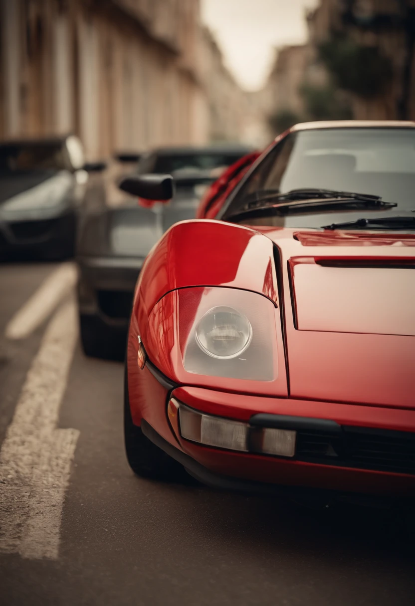 Um carro ferrarif8 vermelho esportivo na cidade estilo mad max ::n_desenho,Imperfection,baixa qualidade,jogo, anime, mulher, tirar texto e assinatura