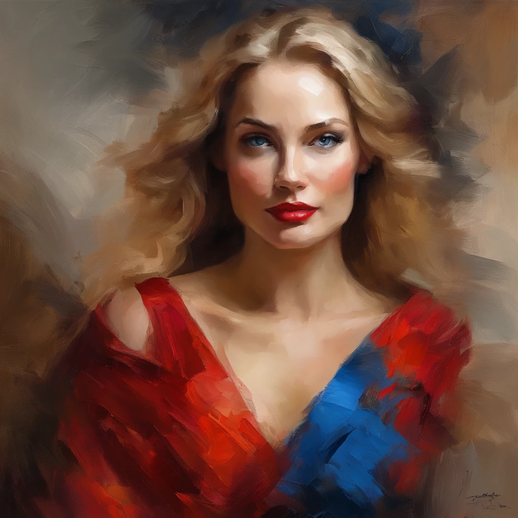 classic oil painting of a beautiful woman in a red cocktail dress, long blond hair, blue eyes, eyes looking at us, medium shot, elegant digital painting, beautiful oil portrait painting, wlop painting style, brush strokes in textured paint, gorgeous oil painting, in style of Junyi Liu, beautiful character painting, dark background, expert lighting, fine art portrait painting, epic background, beautiful art uhd 4 k