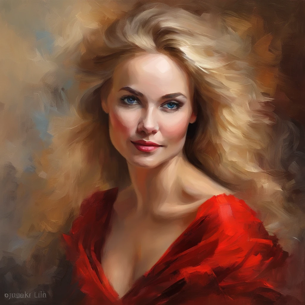 classic oil painting of a beautiful woman in a red cocktail dress, long blond hair, blue eyes, eyes looking at us, medium shot, elegant digital painting, beautiful oil portrait painting, wlop painting style, brush strokes in textured paint, gorgeous oil painting, in style of Junyi Liu, beautiful character painting, dark background, expert lighting, fine art portrait painting, epic background, beautiful art uhd 4 k