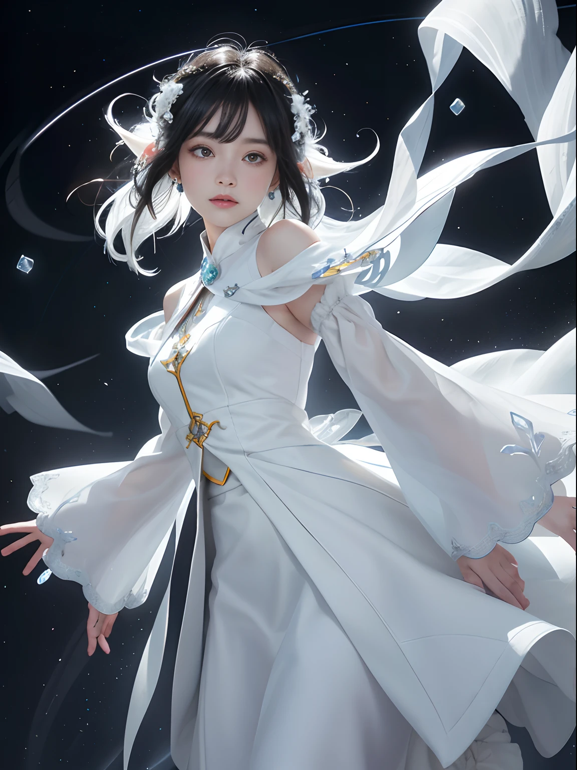 （tmasterpiece，top-quality，optimum，offcial art，Beautiful and aesthetic，Long exposure：1.2），Smooth movement，Charming Patterns， 1 rapariga，（Long skirt with sleeves：1.3），(((white  clothes)))，upperbody closeup，No shoulders，ChineseGirl，Blushlush，Black lob hair， sportrait，独奏，Gaze the observer，detailedbackground，Detailed face，(crystallineAI, crystalline theme:1.1)，Elemental Wind Elves，Swirling wind，Control the wind，White crystal clothes，dynamicposes，particles floating，Ethereal power，whirly，vaporous，Whirlwind in the background，White tones，whirly，Ethereal atmosphere，White stockings