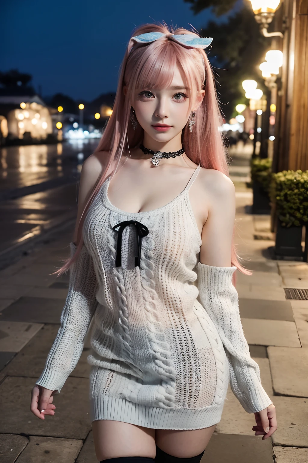 tall girl with fangs standing in the street at night, sexy pose ,snow on the ground, wet clothes, seductive, beauty spot on chin, wearing a loose oversized jacket, off the shoulder, fishnet leggings, wearing an oversized dress, wearing a long loose white shirt, sexy thighs, side pose, small mole on the chin, blushing, neon lights in the background, detailed background, raining, long sleeves, neck choker with necklace, long necklace, evil look, detailed digital anime art