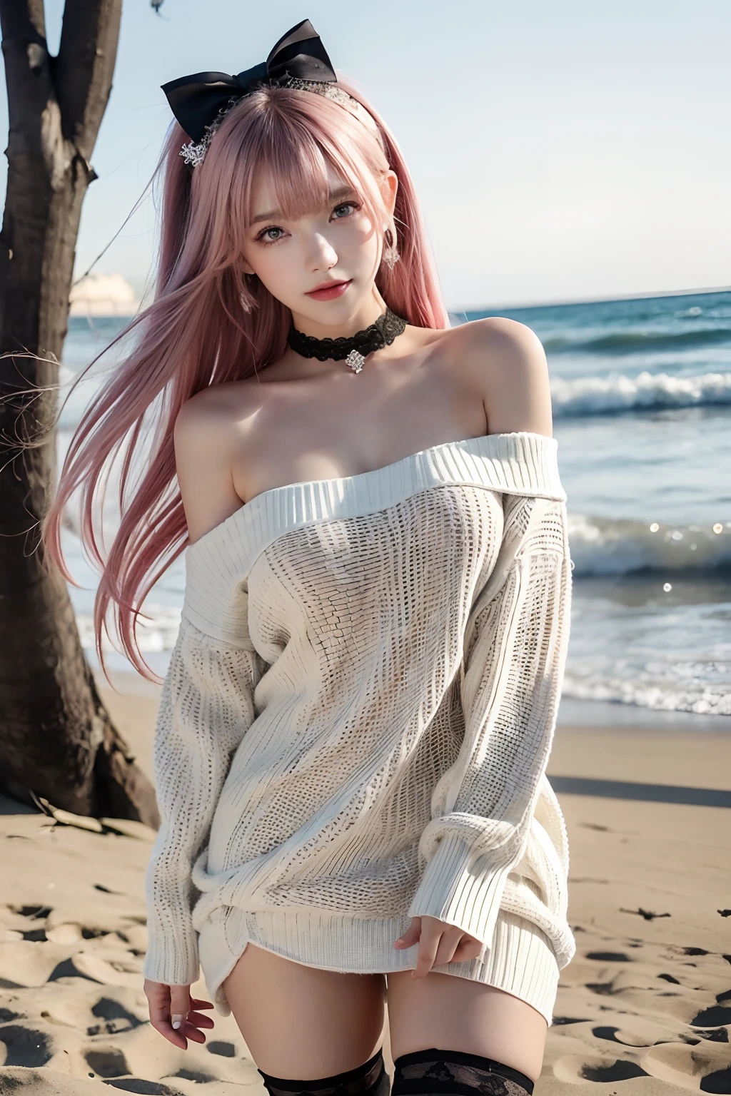 (masterpiece, best quality, ultra-detailed, ultra-HD, photorealistic, cinematic), (alluring female beach model), (medium shot:1.5), (blue hair, a sleek high ponytail), (voluptuous body), perfect body, sexy body, perfect face, perfect hands, delicate face, (hands on the head), (large breasts, under boobs:1.4), round ass, long round legs, (wearing white and pastel shades super short crop top sweater:1.4), (navel), (black T-back bikini:1.3), (sensual pose), (gradient background), (Japanese-looking face), light blue eyes, detailed pupils, light pink lips, blushing, slightly parted lips, (sunset, seaside), barefoot