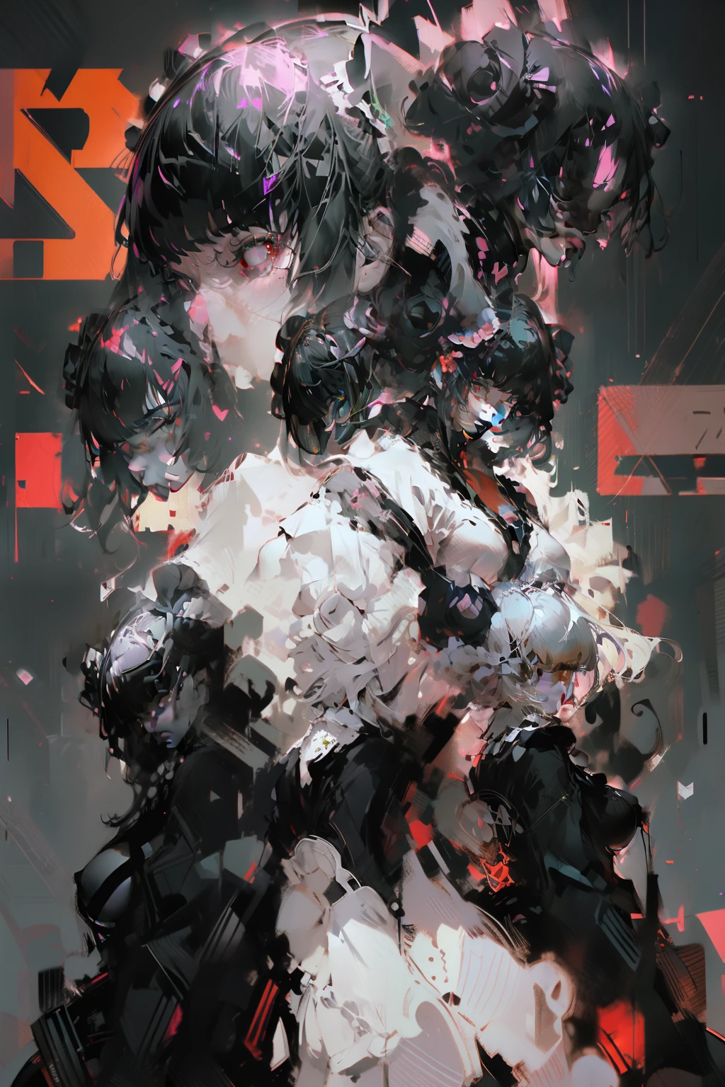 tmasterpiece、detailliert、Delicate touch、Personalization Cyberpunk、2080s、anime big breast、Girls vs.、trends in the art station、Blunt bangs, Back shot, Looking back, Looking at the camera, low angles, Decisive Pose, Double Hair Buns