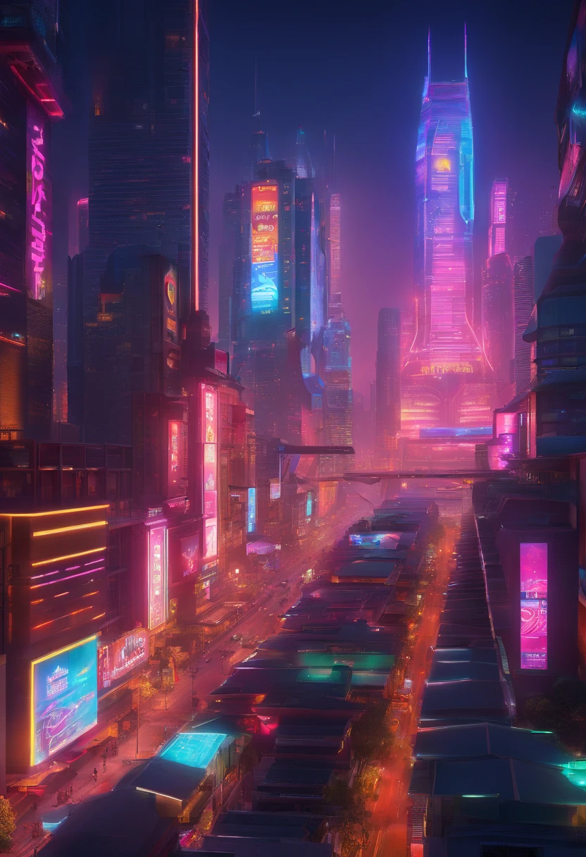 A city street with neon lights and cars in the middle - SeaArt AI
