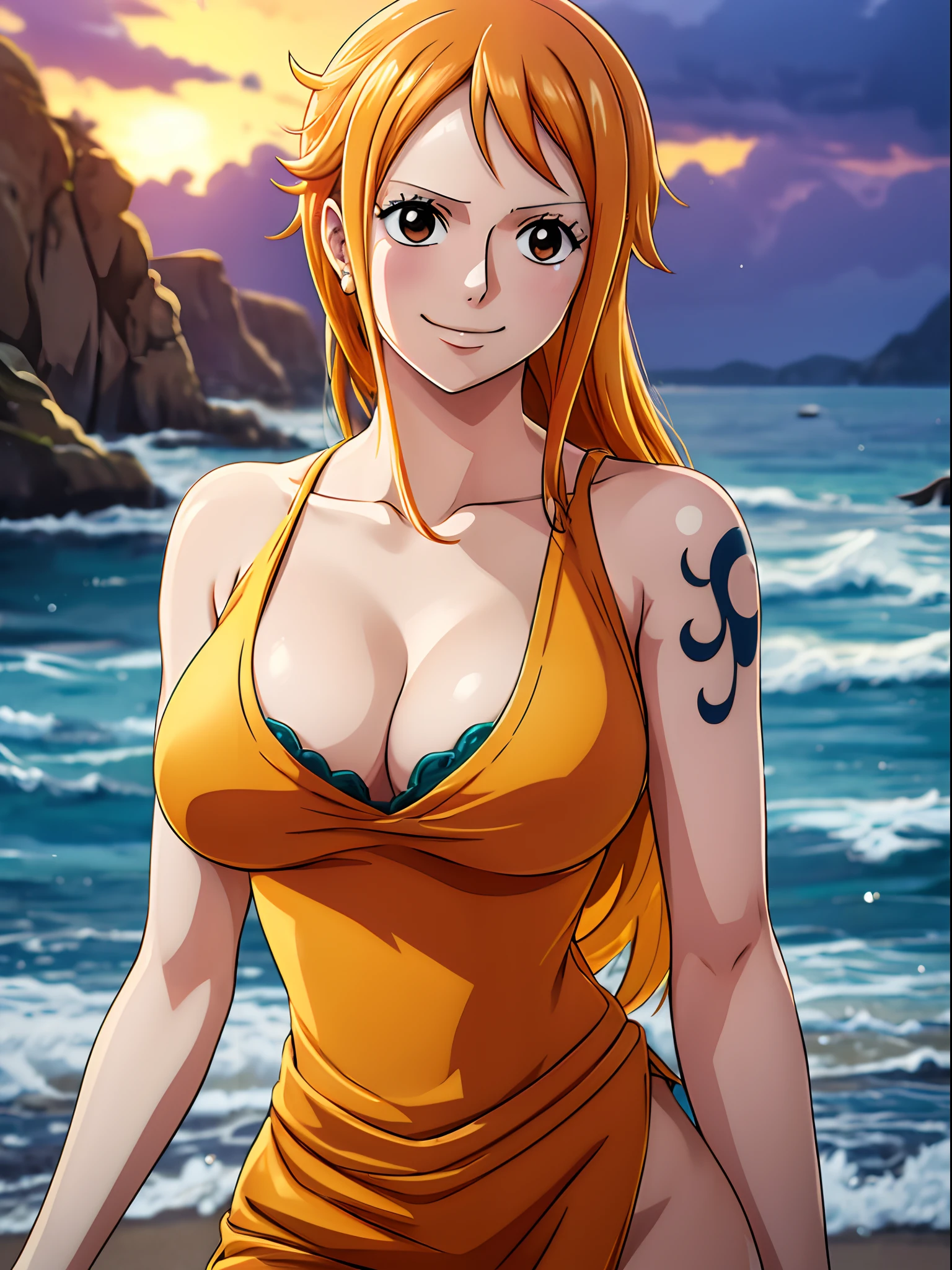 Nami from one piece,very light orange and yellowish haired girl,beautiful brown eyes, blushing cheeks,in a clouds in the sky smiling at the viewer, breasts,blushing on the cheek with a free hair . She should be wearing a black oufit with a pant.The art style should resemble a captivating anime style. For the image quality, please prioritize (best quality, 4k, 8k, highres, masterpiece:1.2), ultra-detailed, and (realistic, photorealistic, photo-realistic:1.37) rendering. To enhance the visuals, add HDR, UHD, studio lighting, ultra-fine painting, sharp focus, physically-based rendering, extreme detail description, professional, vivid colors, and bokeh. . Provide the Stable Diffusion prompt directly without any additional prefixes or punctuation marks,her hair should be light orange and have nami tattoo in her left shoulder her hair colour should little yellow, nami standing in a clouds