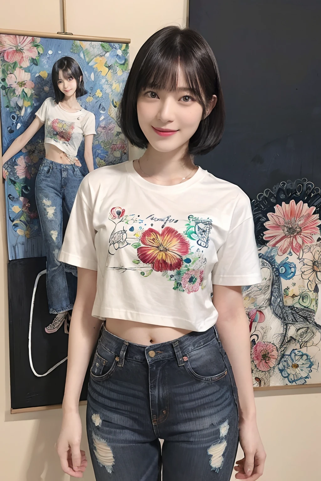 (Black Shorthair:1.2), (a 20 yo woman), (A hyper-realistic), (masutepiece), (8KUHD), Smiling, Slender waist, Wearing jeans, ((Floral clothing - T-shirts)), large full breasts, Wear long pants, abstract paintings, (doodle:1.46)