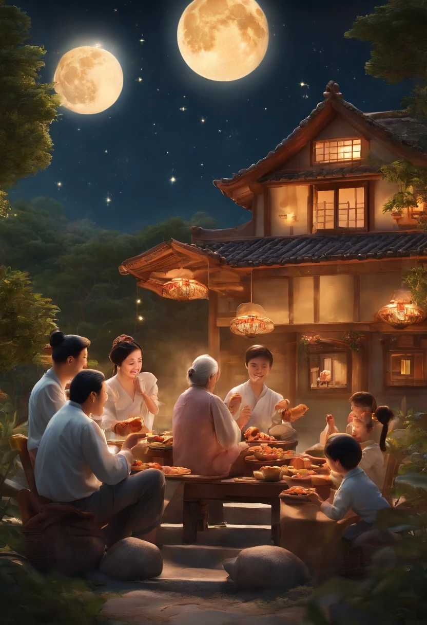 (top-quality、8K、tmasterpiece:1.3)、Full moon and stars in sky illustration，The family sits together eating mooncakes,Mom and dad laugh with the kids，Grandpa and grandma laughed together, Have in the living room、Bright house scene，extremely detailed face and skin，Heartwarming scene，perfect  detail