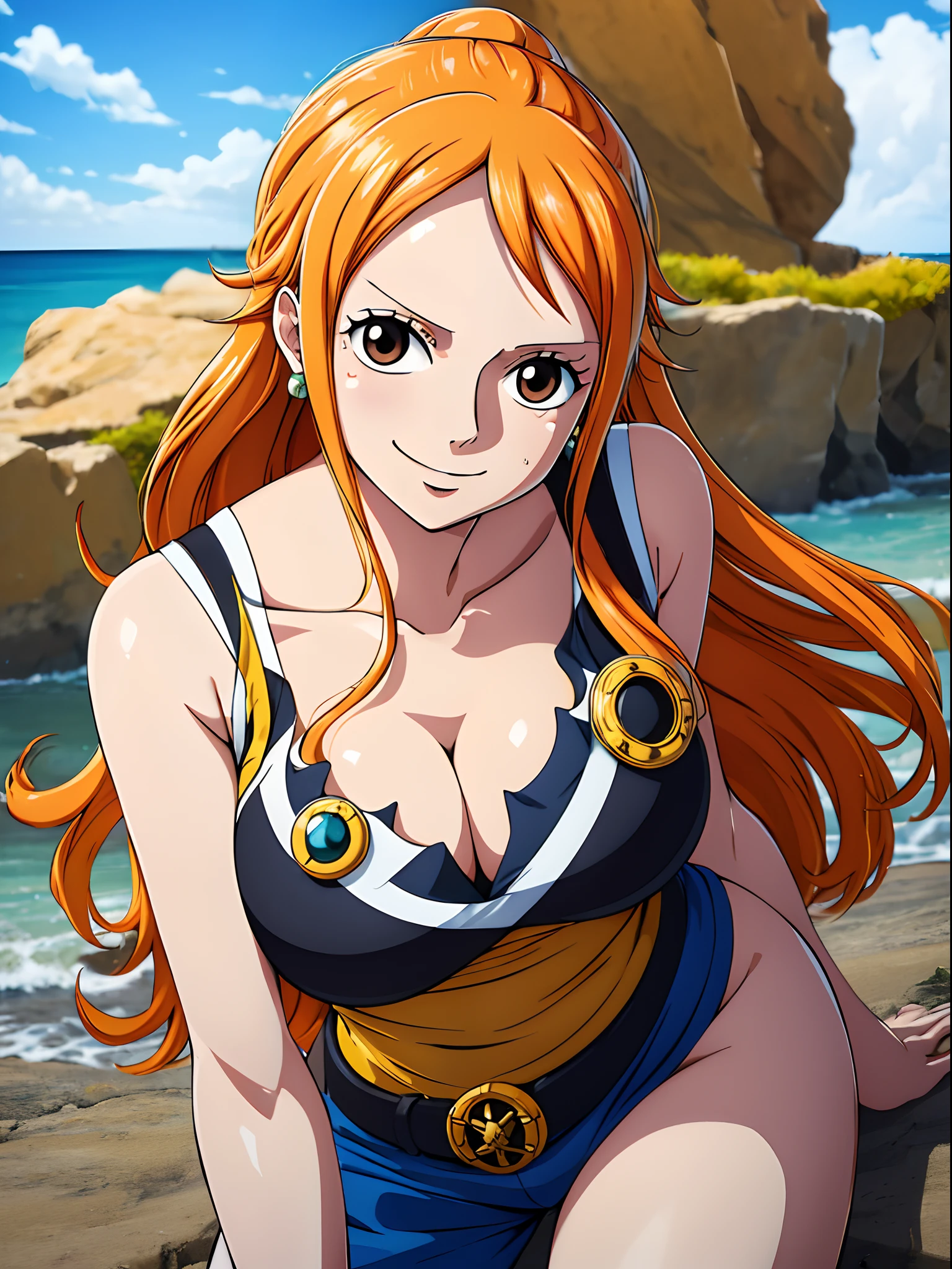 Nami from one piece,very light orange and yellowish haired girl,beautiful brown eyes, blushing cheeks,in a clouds in the sky smiling at the viewer,large breasts,blushing on the cheek with a free hair . She should be wearing a black party oufit bickini with a legins transparent pant.The art style should resemble a captivating anime style. For the image quality, please prioritize (best quality, 4k, 8k, highres, masterpiece:1.2), ultra-detailed, and (realistic, photorealistic, photo-realistic:1.37) rendering. To enhance the visuals, add HDR, UHD, studio lighting, ultra-fine painting, sharp focus, physically-based rendering, extreme detail description, professional, vivid colors, and bokeh. . Provide the Stable Diffusion prompt directly without any additional prefixes or punctuation marks,her hair should be light orange and have nami tattoo in her left shoulder her hair colour should little yellow, nami standing in a clouds