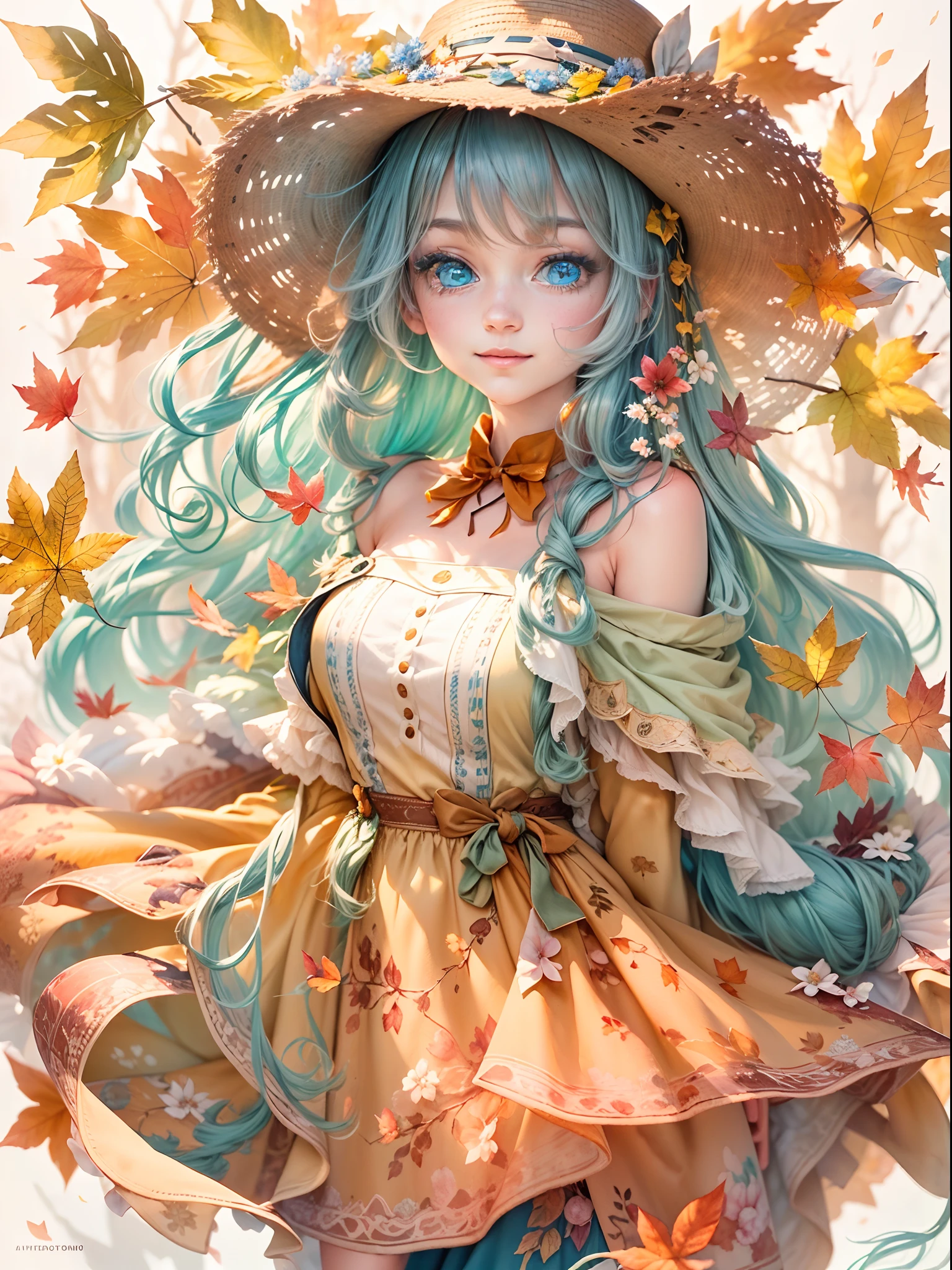 ((tmasterpiece:1.4, best qualtiy))+, (ultra - detailed)+,(watercolor paiting:1.2),Cute 1girl，Straw hat，blossoms，Light cyan hair，Very long hair，Aqua blue eyes，flatchest，Keep your mouth shut，Smiling,(a blue dress:1.3),Shoulders exposed，Bow knot，Side angle,Autumn landscape，The leaves are yellow，maple trees，eventide，riverbank，lake reflection，The sky is full of color，Orange-red sunset，The afterglow diverges，Big Mountain，Far Mountain，contours，Scenic beauty， (Warm light source:1.2), (the woods，Bare branches:1.2)（Very detailed CG unification，8k wallpaper），（The best picture quality），(illustratio：1.0）、intricately details, Epic composition、Realistic lighting、high definition detail、((tmasterpiece))、(Beautiful wildlife and natural wonders，With glowing lights)