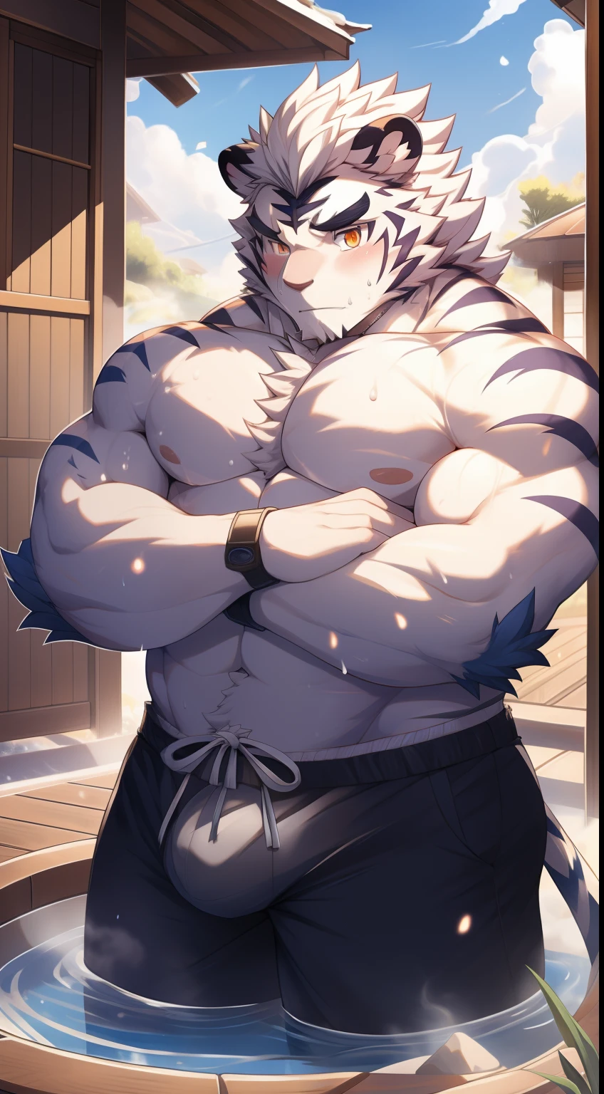 tmasterpiece，Anthropomorphic white tiger，male people，26 year old，Thick eyebrows，White hairs，Strong body，large pecs，Bare topless，Pink milk clusters，short white pants，medium bulge，Soak in an open-air hot spring，vapour，sweat leggs，Mysterious Expression，looking toward the viewer，Golden pupils，Strong，Solo，frontage，Full body photo