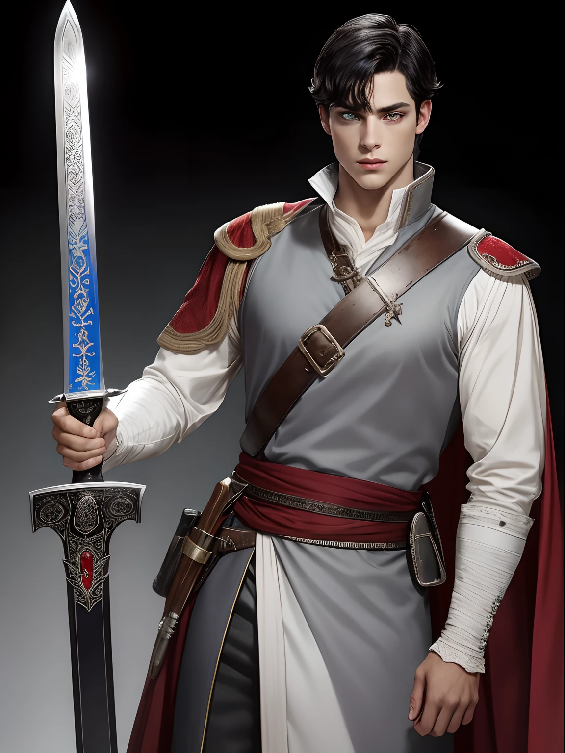 handsome young man, short black hair, heterochromia eyes, red right eye blue left eye, wearing grayish brown adventurer clothes, carrying a sword at his waist