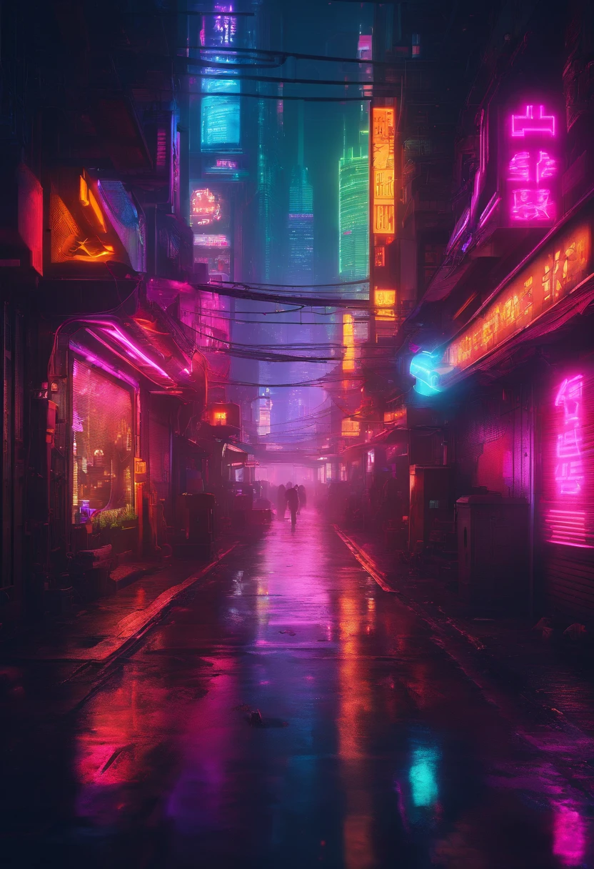 Neon-lit cyberpunk streets, futuristic cityscape, dystopian artwork in the dark, 4k wallpaper. Rainy and foggy atmosphere, evoking a moody and desolate future