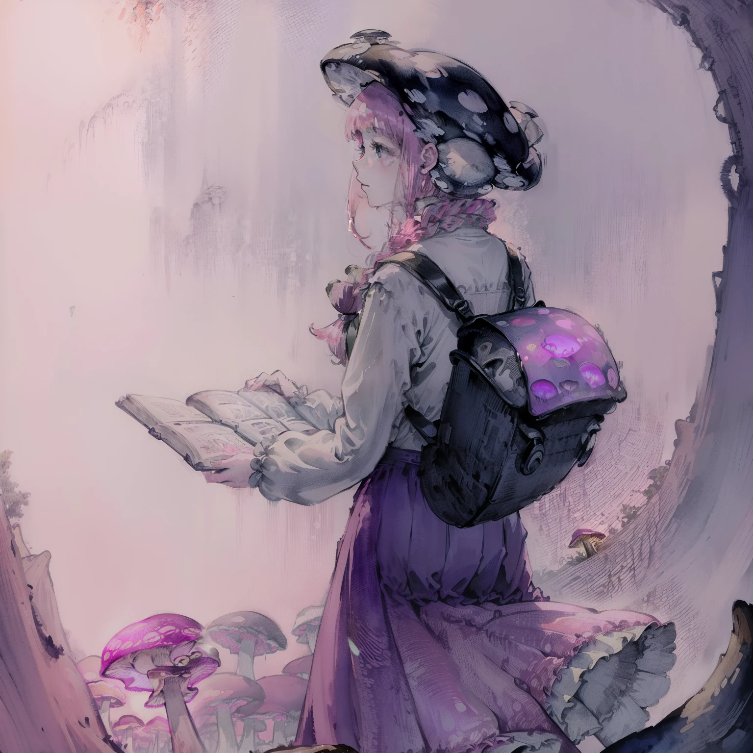 Beautiful and aesthetic,, Solo,Cute,Pink hair,pleatedskirt,Dance,Cogumelos,Mushrooms,Huge mushrooms,spore,(glowing ambiance, enchanting glow, luminouslighting, Ethereal atmosphere,Watercolor illustration, Perfect anatomy, Masterpiece, Best quality, 1girll, Loli,elementary student,bookbag,Nature, landscape
