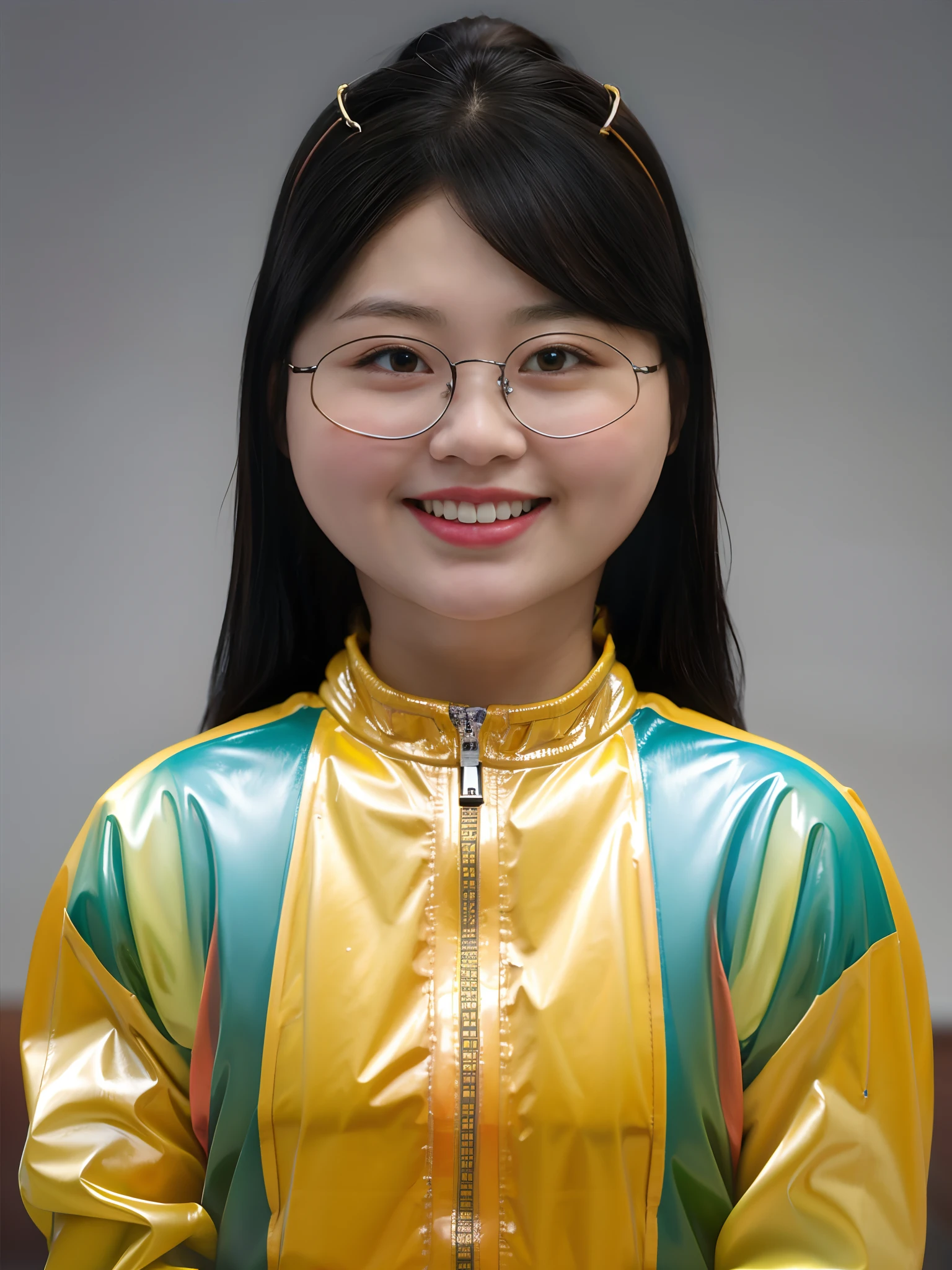 A Chinese high school girl，Wearing PVC yellow casual wear, sportswear, competition wear, motorcycle suit
